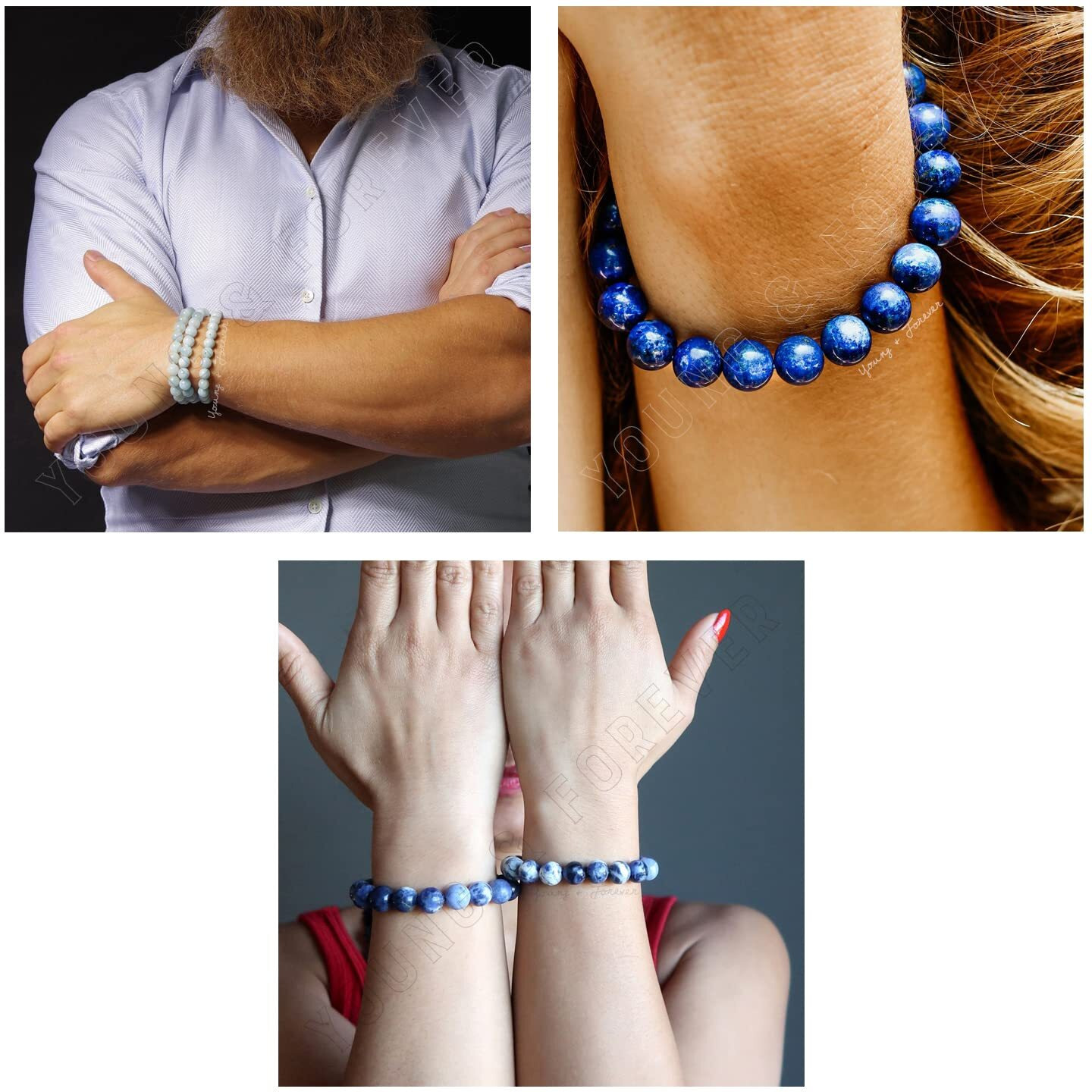 Young & Forever Gift Dvine Spiritual Natural Semi-Precious Amazonite Lapis Lazuli and Sodalite Bracelet for Men and Women Set of 3