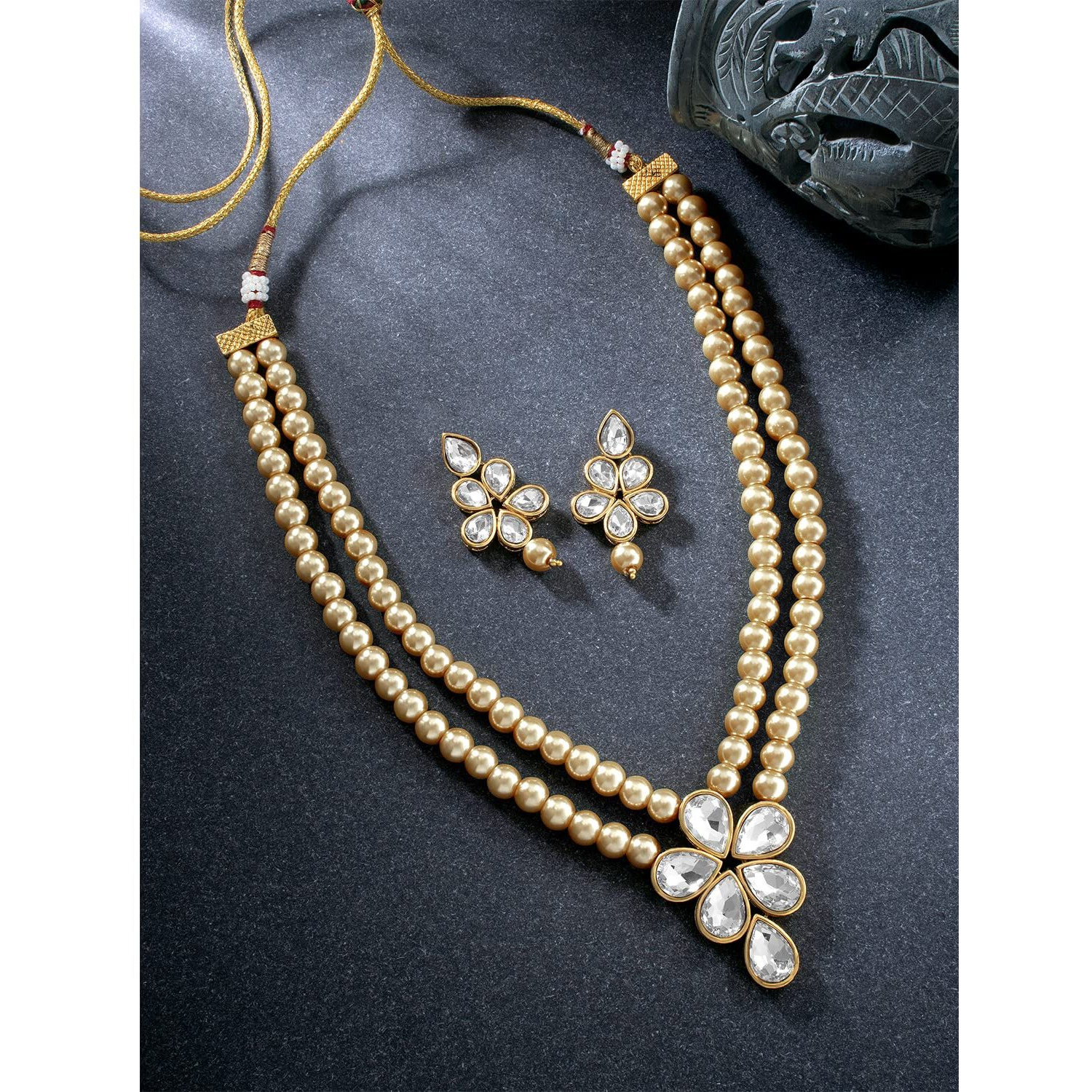 Peora Traditional Beads Kundan Layered Long Necklace & Drop Earring Ethnic Jewellery Set Fashion Gift for Women Girls