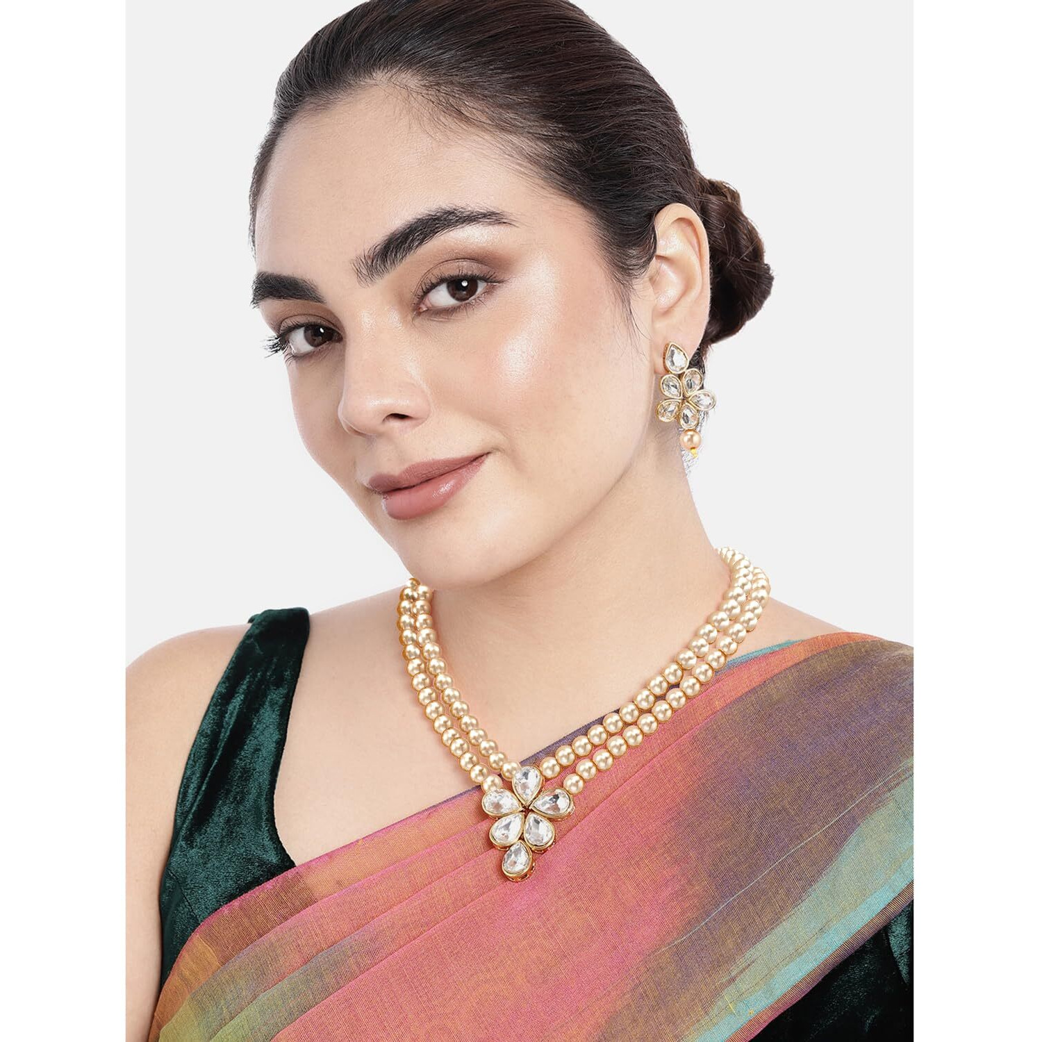 Peora Traditional Beads Kundan Layered Long Necklace & Drop Earring Ethnic Jewellery Set Fashion Gift for Women Girls