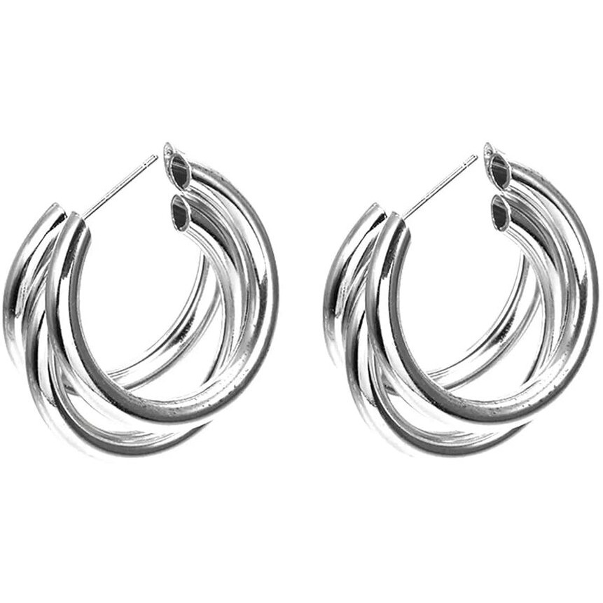 Shining Diva Fashion Latest Stylish Silver Plated Triple Hoop Earrings for Women And Girls (14611er)