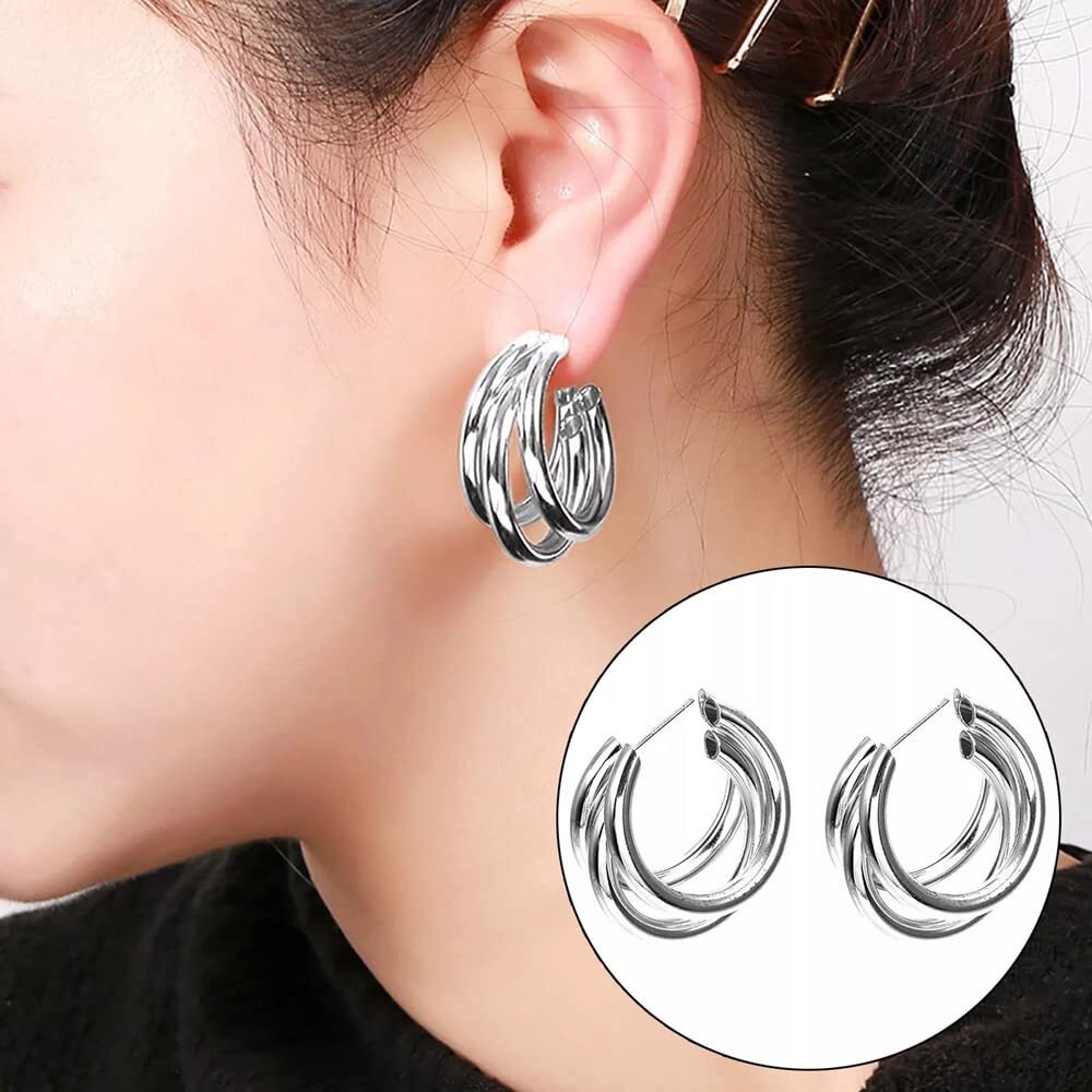 Shining Diva Fashion Latest Stylish Silver Plated Triple Hoop Earrings for Women And Girls (14611er)
