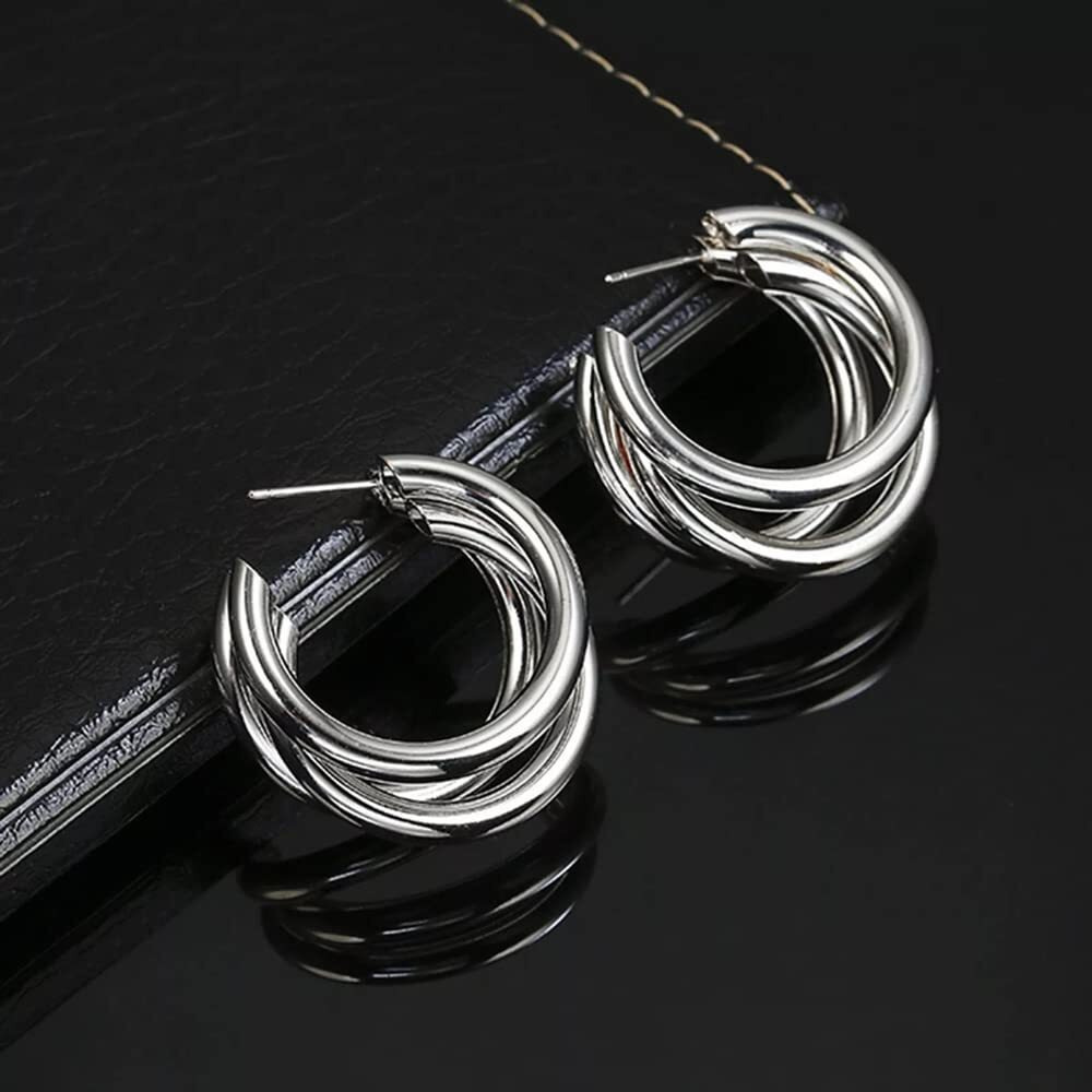 Shining Diva Fashion Latest Stylish Silver Plated Triple Hoop Earrings for Women And Girls (14611er)