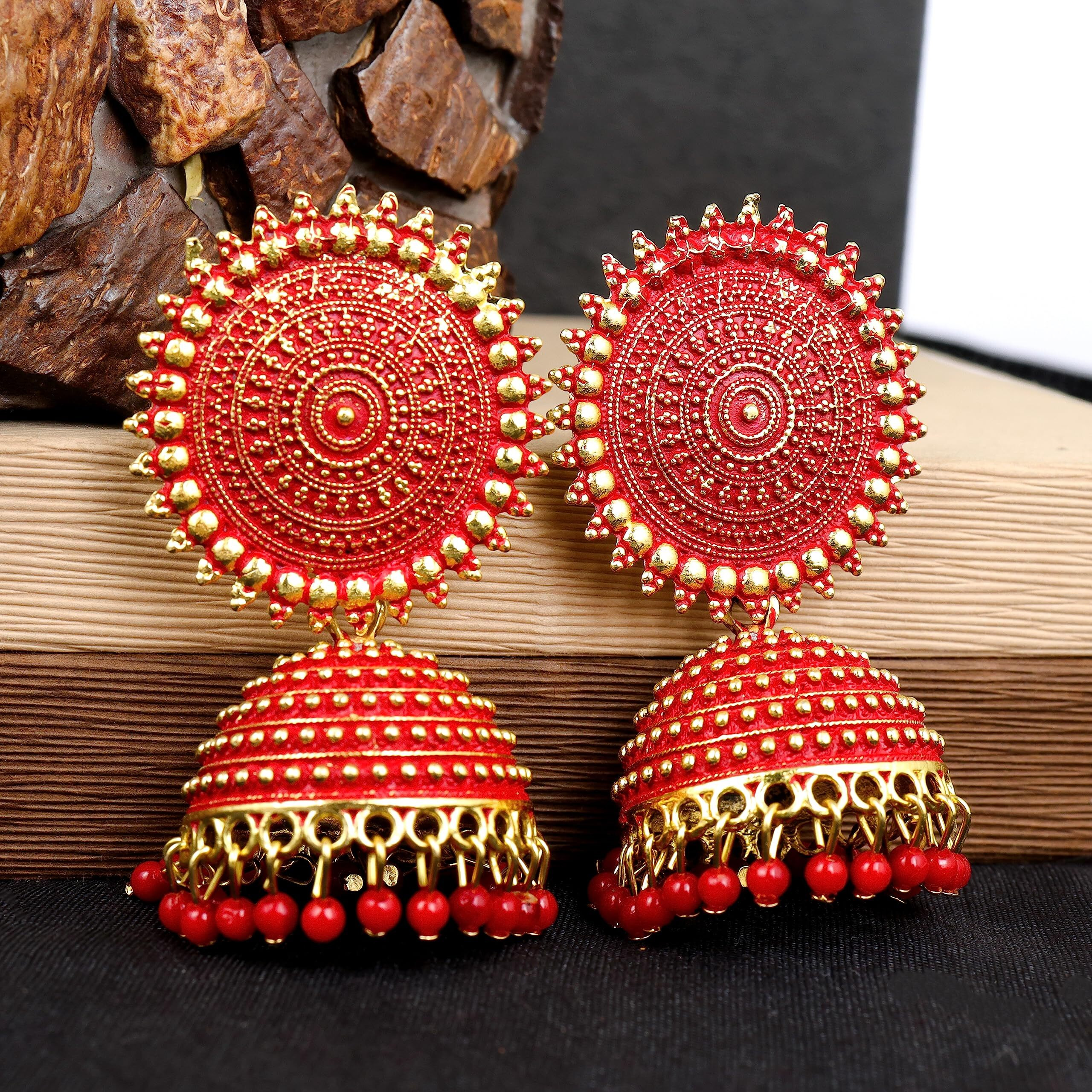 Fashion Frill Womens Jewellery Earrings For Women Traditional Gold Plated Floral Golden Pink Jhumkas Pearl Studded Drop Earrings For Women Girls Gift For Wife Mother Sister