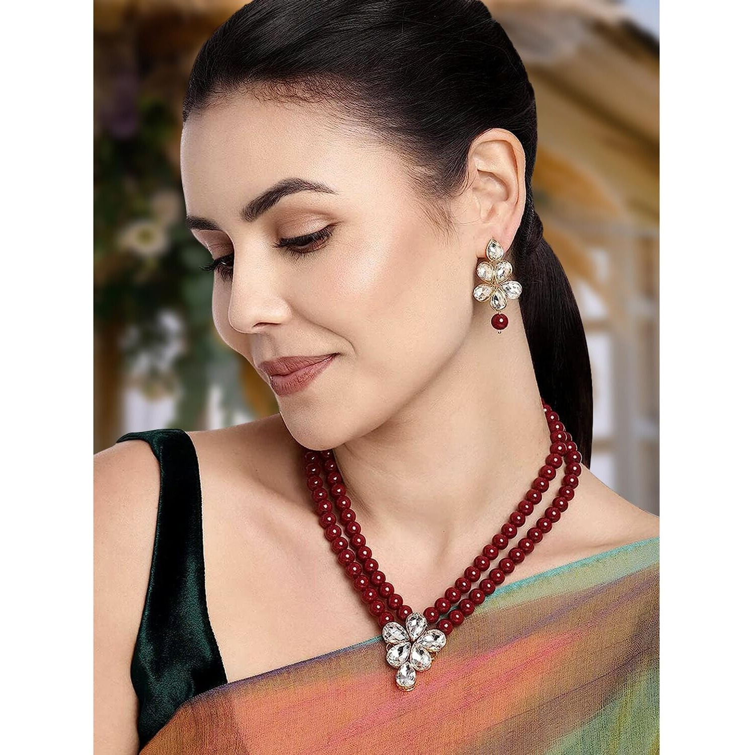 Peora Gold Plated Crystal Pearl Long Necklace with Drop Earrings Traditional Ethnic Jewellery Set for Women Girls|Rakhi Rakshabandhan Gift for Sister Bhabhi, Gifts for Women