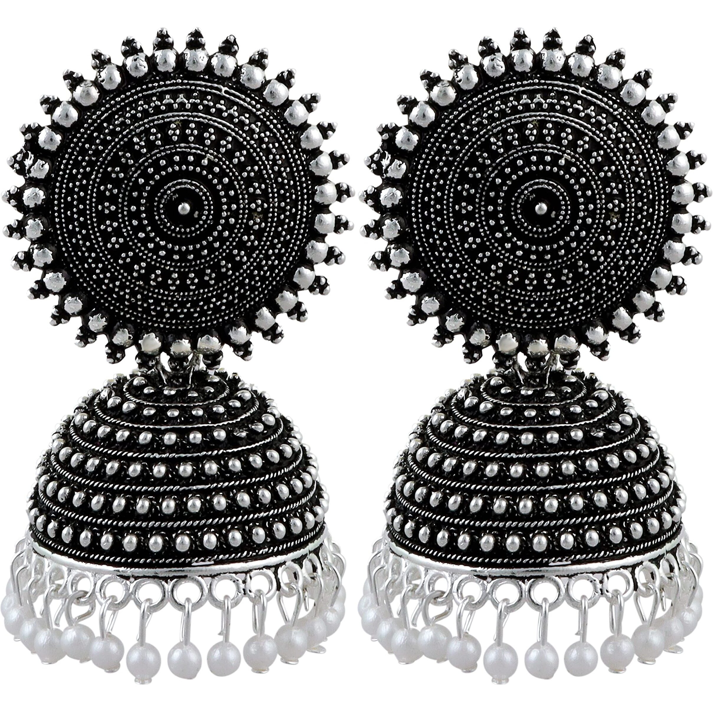 Fashion Frill Mesmerizing Traditional Gold Plated Floral Golden Pink Jhumkas Pearl Studded Earrings For Women Girls (Silver)