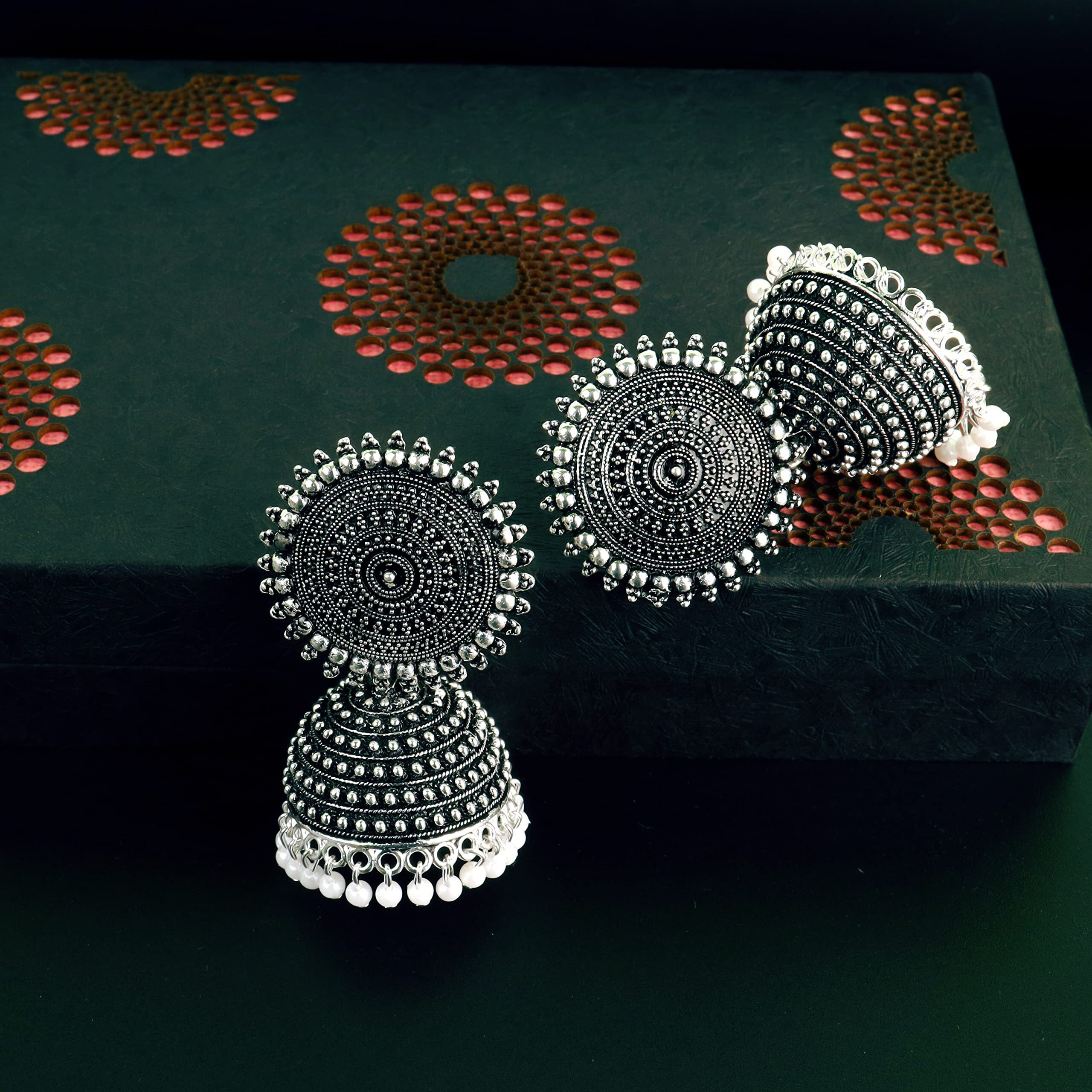 Fashion Frill Mesmerizing Traditional Gold Plated Floral Golden Pink Jhumkas Pearl Studded Earrings For Women Girls (Silver)