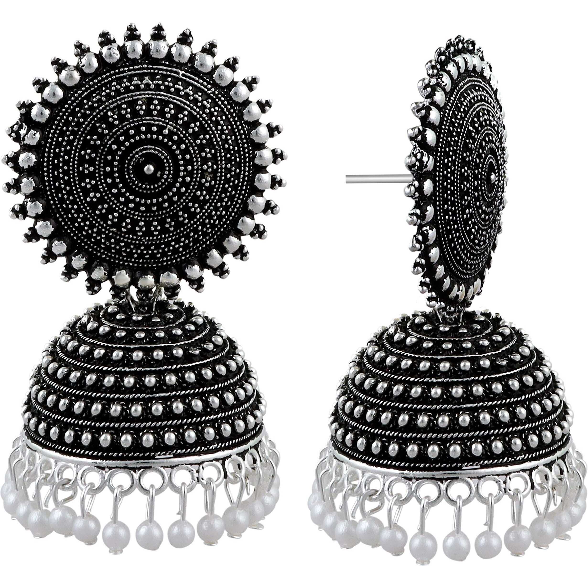 Fashion Frill Mesmerizing Traditional Gold Plated Floral Golden Pink Jhumkas Pearl Studded Earrings For Women Girls (Silver)