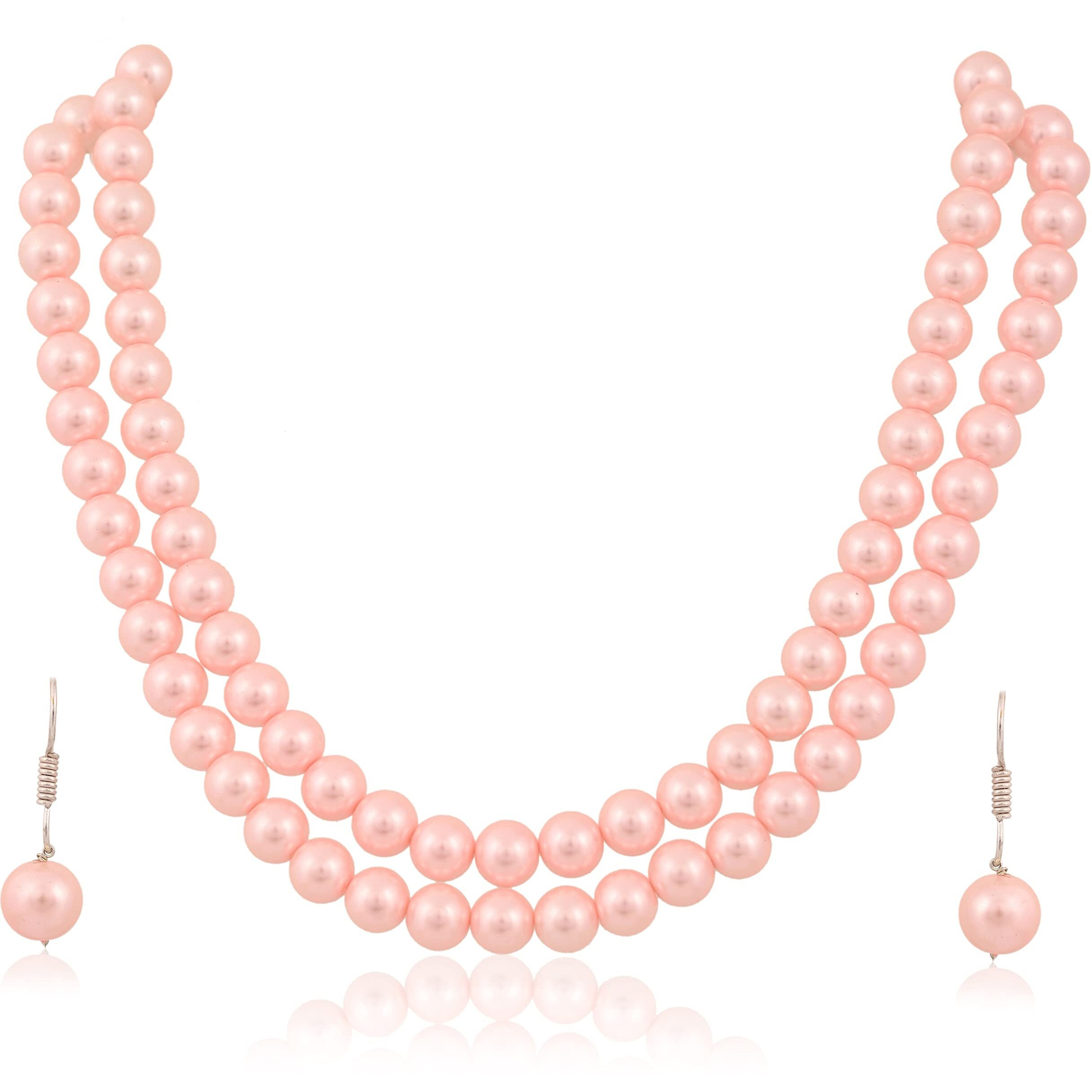 Ratnavali Jewels Imitation Pearl 10MM Bead Size Double Strand Necklace Pearl Moti Mala Jewellery Set with Earrings for Women Girls