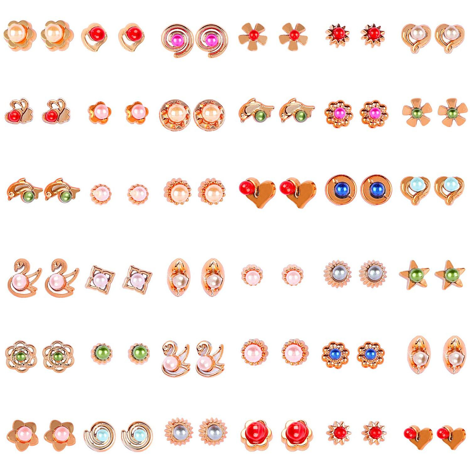 Shining Diva Fashion Multicolour Pearl Design Non Precious Base Metal Stud Earrings for Women - 36 Pairs Combo Set (12174er)