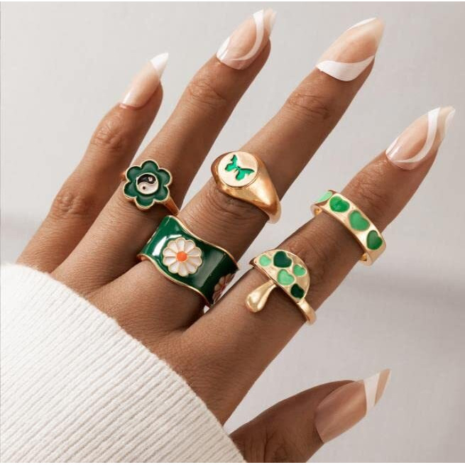 Fashion Frill Womens Jewellery Stackable Delicate Heart Floral Gold Plated Ring Set Golden Ring For Women Girls Rings Combo