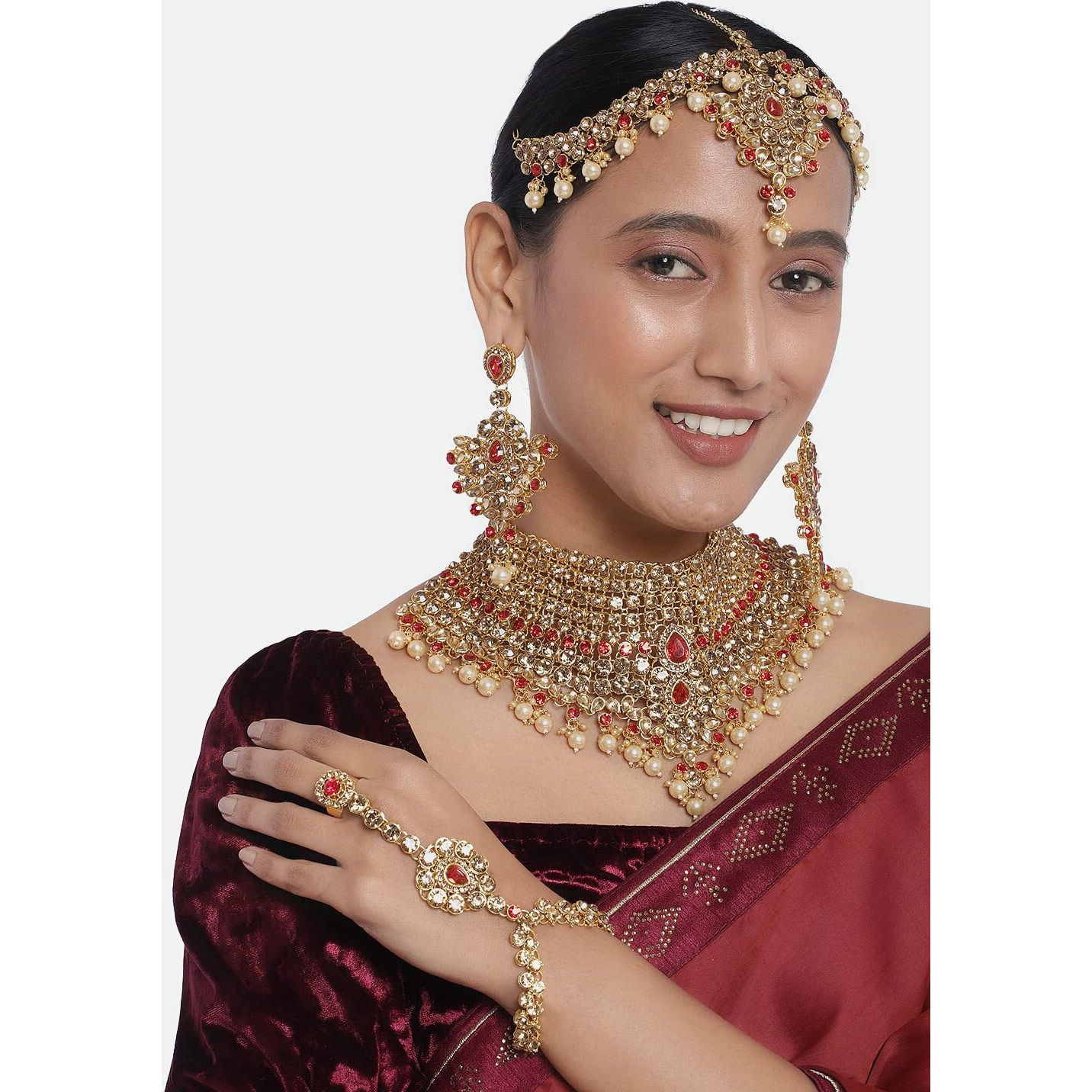 Peora Gold Plated American Diamond Jodha Akbar Bridal Choker Necklace Traditional Jewellery Set for Women Girls
