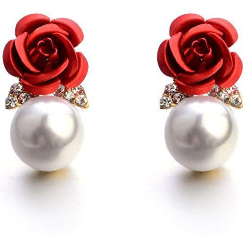 Shining Diva Fashion Red Pearl Floral Stylish Traditional 18K Non Precious Metal Gold Plated Stud Earrings for Women (9594er)