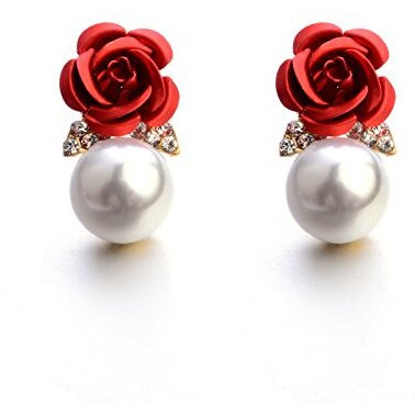 Shining Diva Fashion Red Pearl Floral Stylish Traditional 18K Non Precious Metal Gold Plated Stud Earrings for Women (9594er)