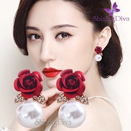 Shining Diva Fashion Red Pearl Floral Stylish Traditional 18K Non Precious Metal Gold Plated Stud Earrings for Women (9594er)
