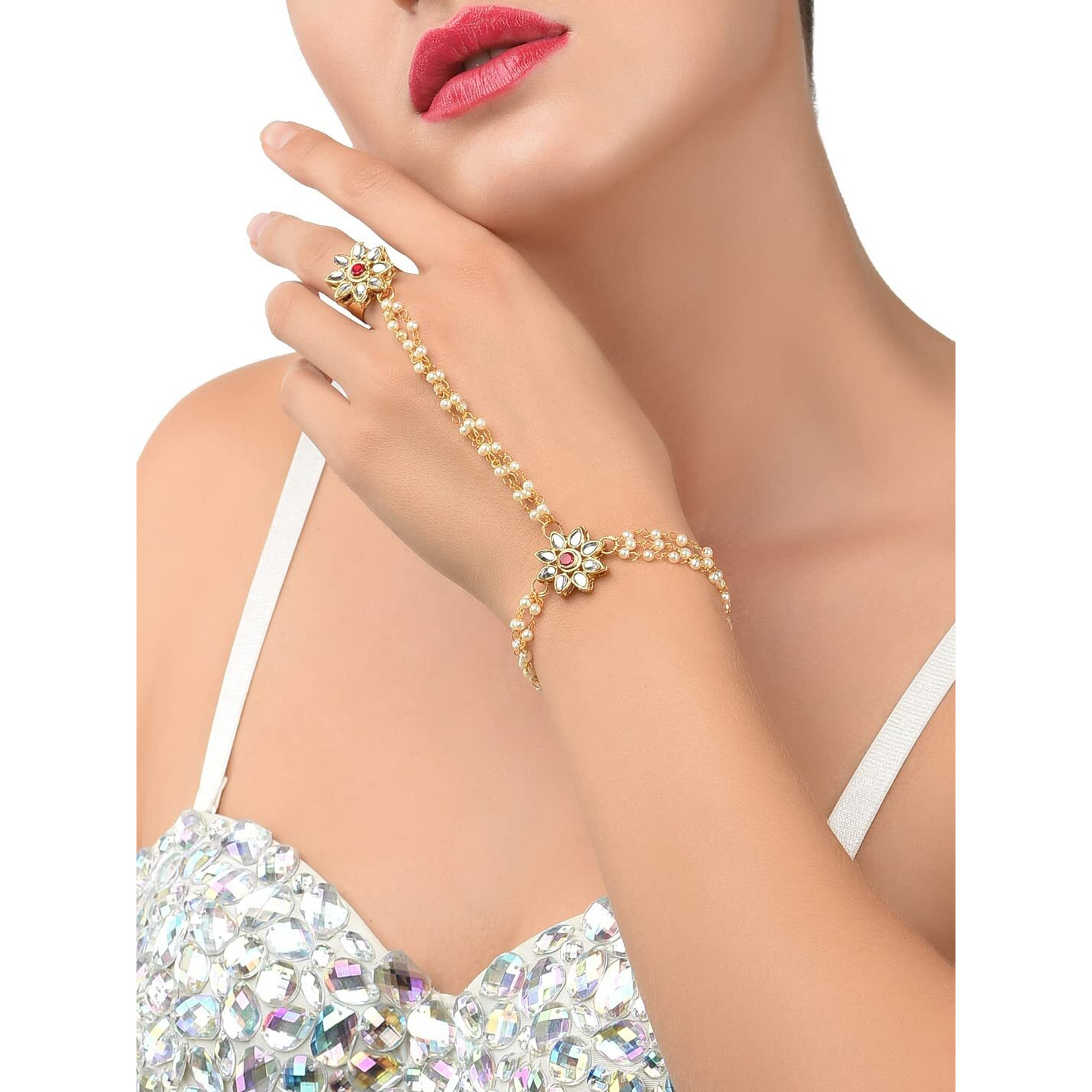 ZAVERI PEARLS Gold Tone Embellished With Pearls & Kundan Ring Bracelet For Women-ZPFK7415