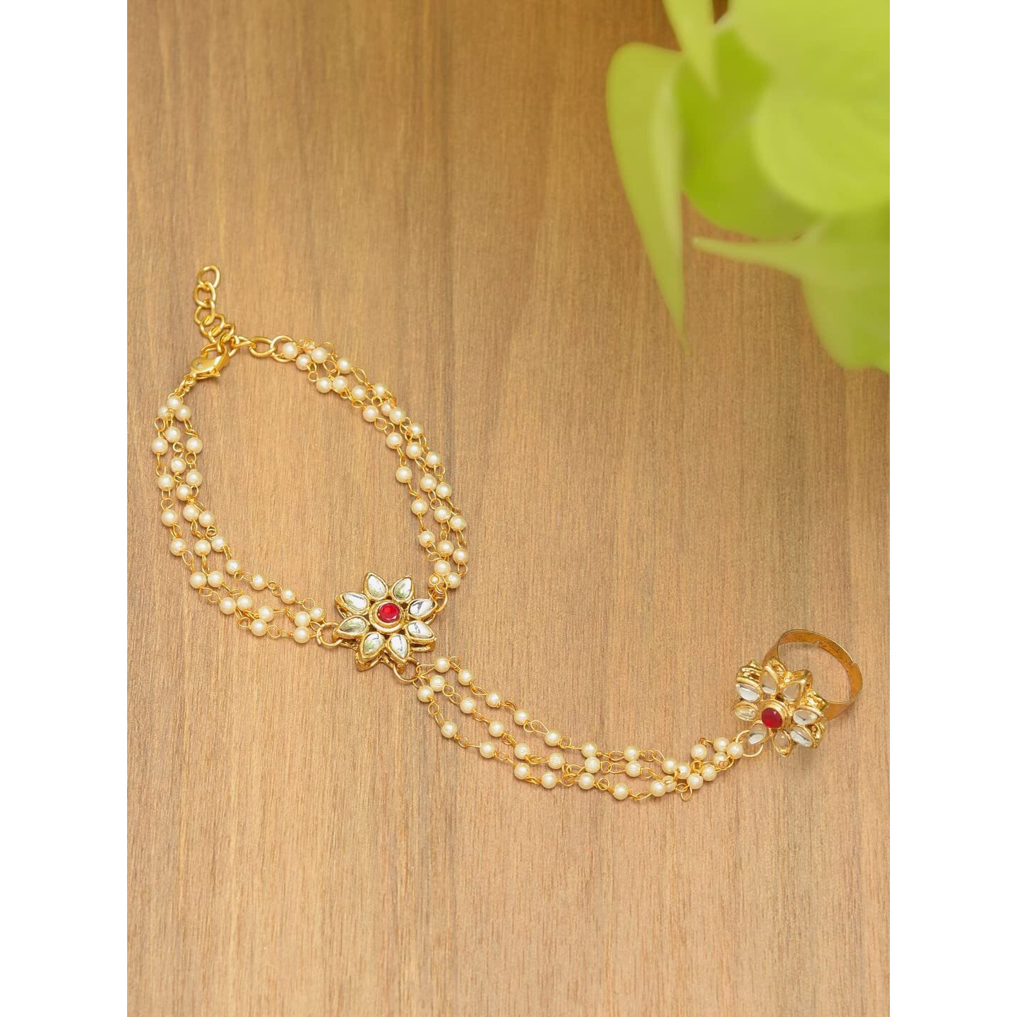ZAVERI PEARLS Gold Tone Embellished With Pearls & Kundan Ring Bracelet For Women-ZPFK7415