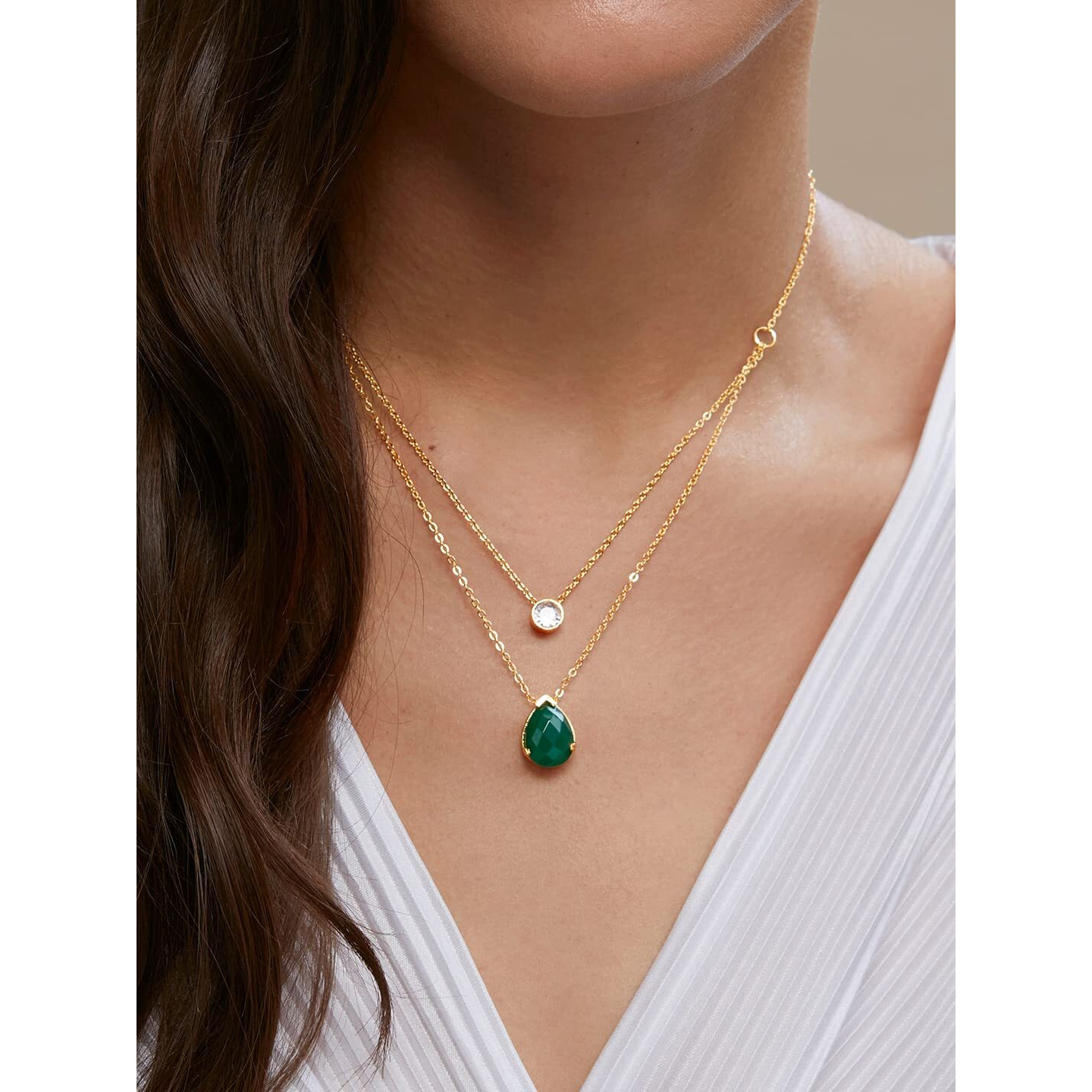 MINUTIAE Double Layered Chain Necklace With Diamond Pendant With Austrian Cubic Zirconia For Women And Girls With Extendable Chain (Gold)