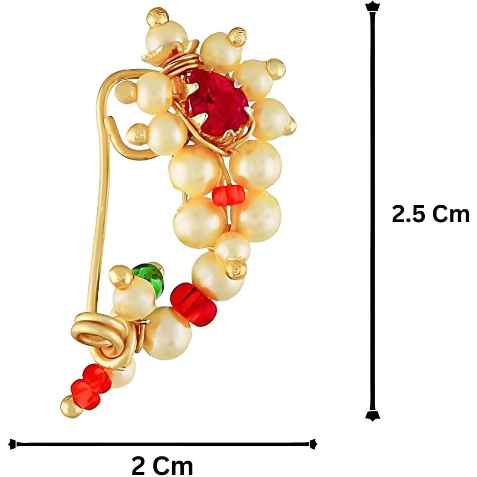 Vail Creations Small Size Traditional Maharashtrian Nose ring for women without piercing Pearl Gold Plated Nath Clip On Nose Ring For Girls (Pack of 2)