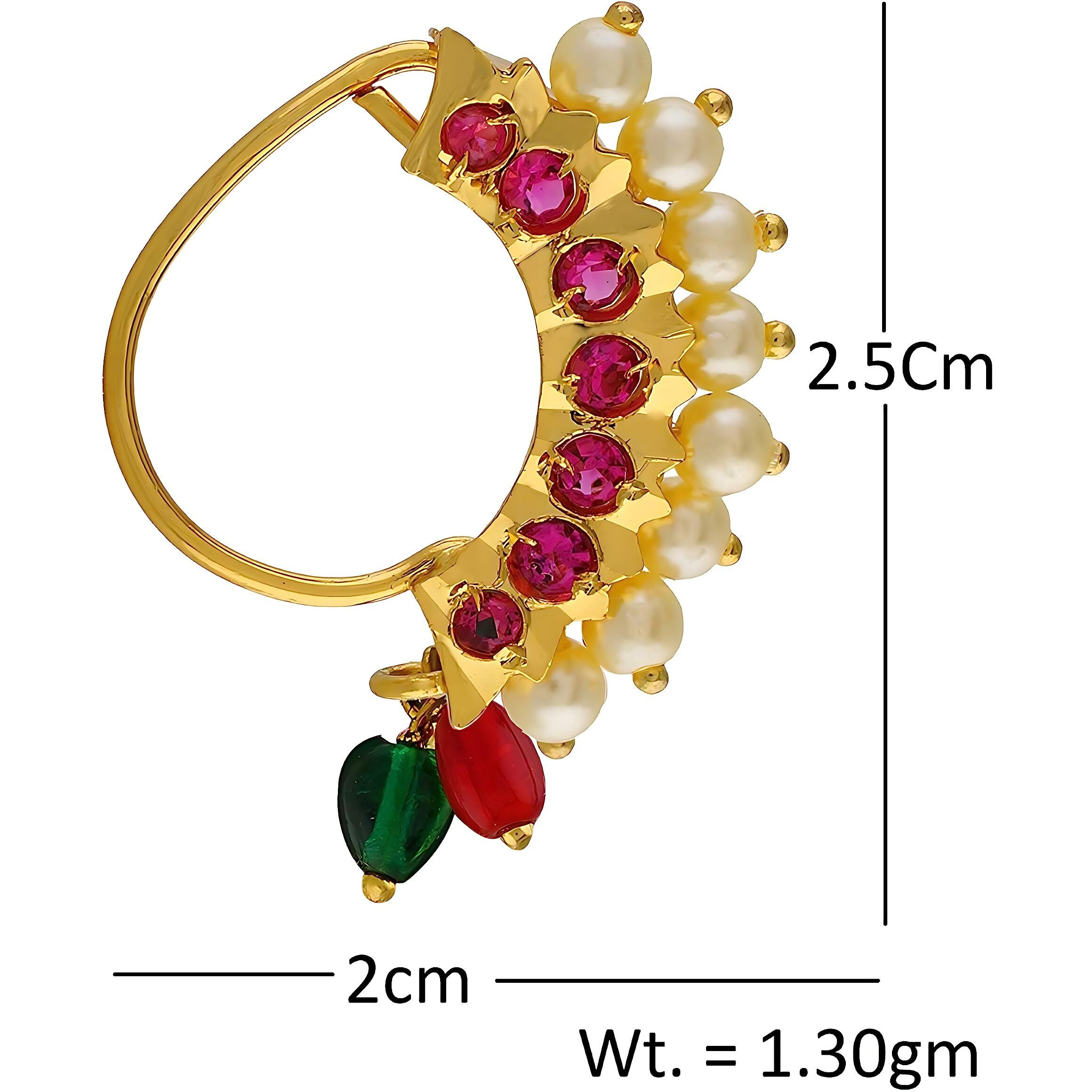 Vail Creations Small Size Traditional Maharashtrian Nose ring for women without piercing Pearl Gold Plated Nath Clip On Nose Ring For Girls (Pack of 2)