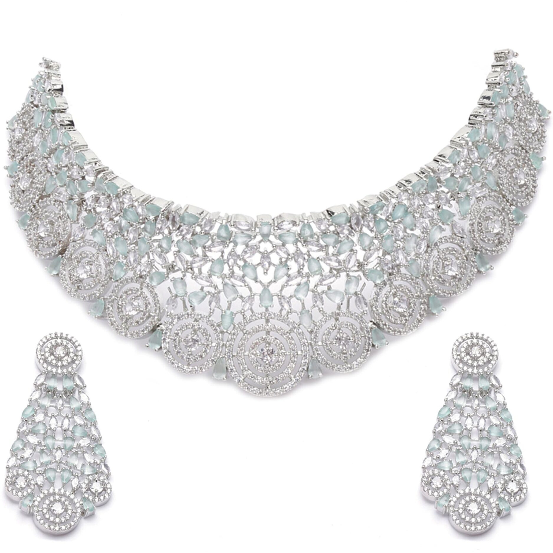 ZENEME Rhodium-Plated Silver White American Diamond Choker Necklace with Earrings Jewellery Set with Girls and Women (Lime Green)