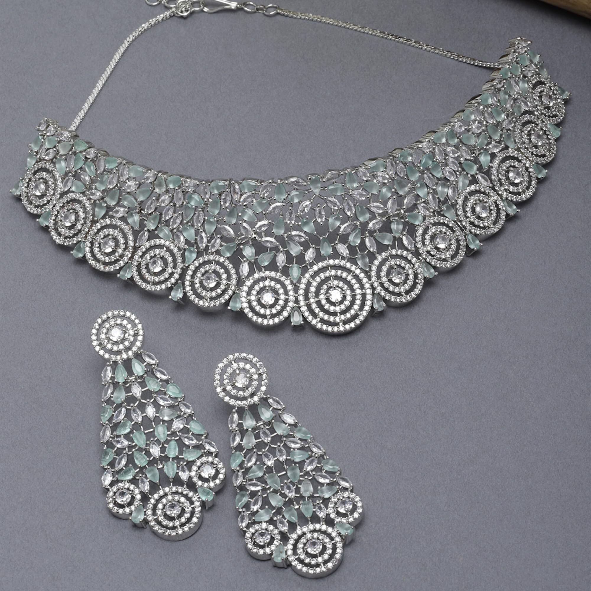 ZENEME Rhodium-Plated Silver White American Diamond Choker Necklace with Earrings Jewellery Set with Girls and Women (Lime Green)