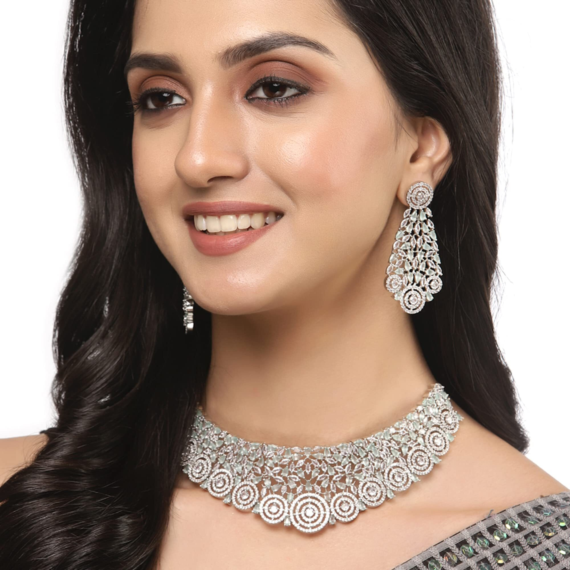 ZENEME Rhodium-Plated Silver White American Diamond Choker Necklace with Earrings Jewellery Set with Girls and Women (Lime Green)
