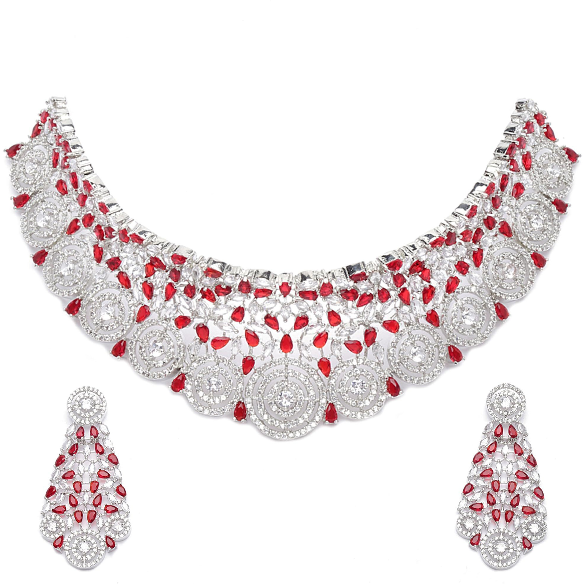ZENEME Rhodium-Plated Silver White American Diamond Choker Necklace with Earrings Jewellery Set with Girls and Women (Red)