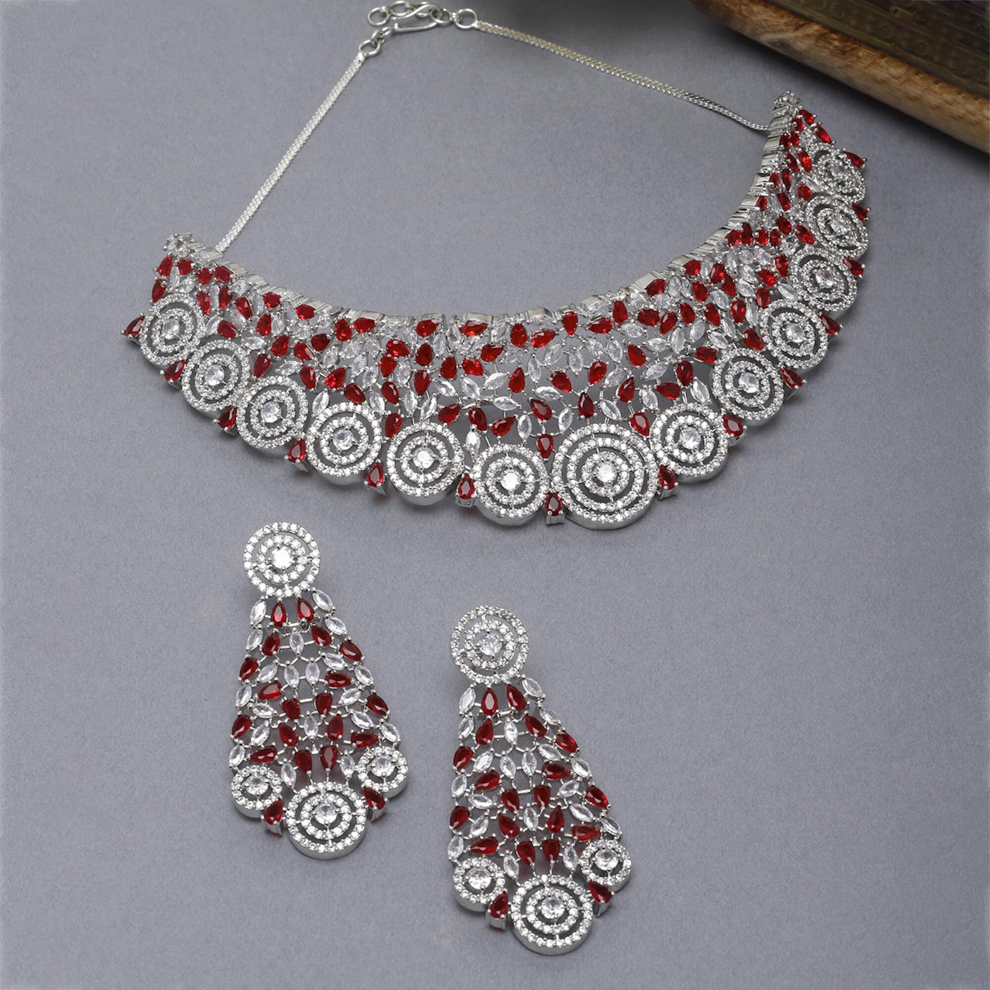 ZENEME Rhodium-Plated Silver White American Diamond Choker Necklace with Earrings Jewellery Set with Girls and Women (Red)