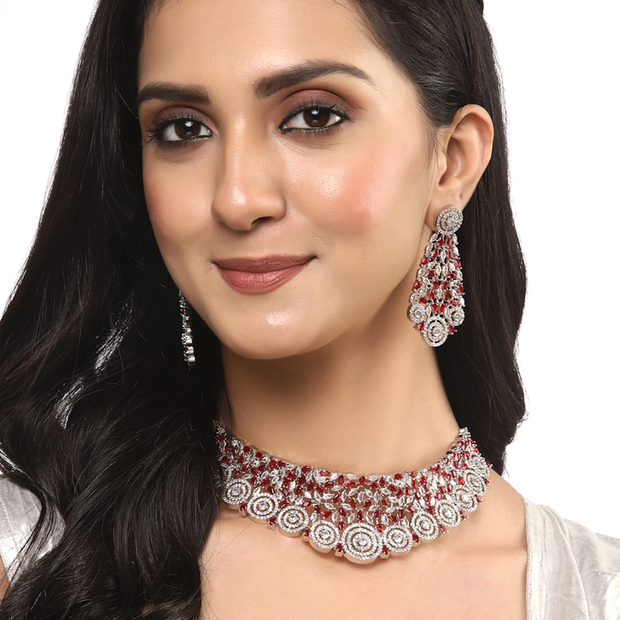 ZENEME Rhodium-Plated Silver White American Diamond Choker Necklace with Earrings Jewellery Set with Girls and Women (Red)