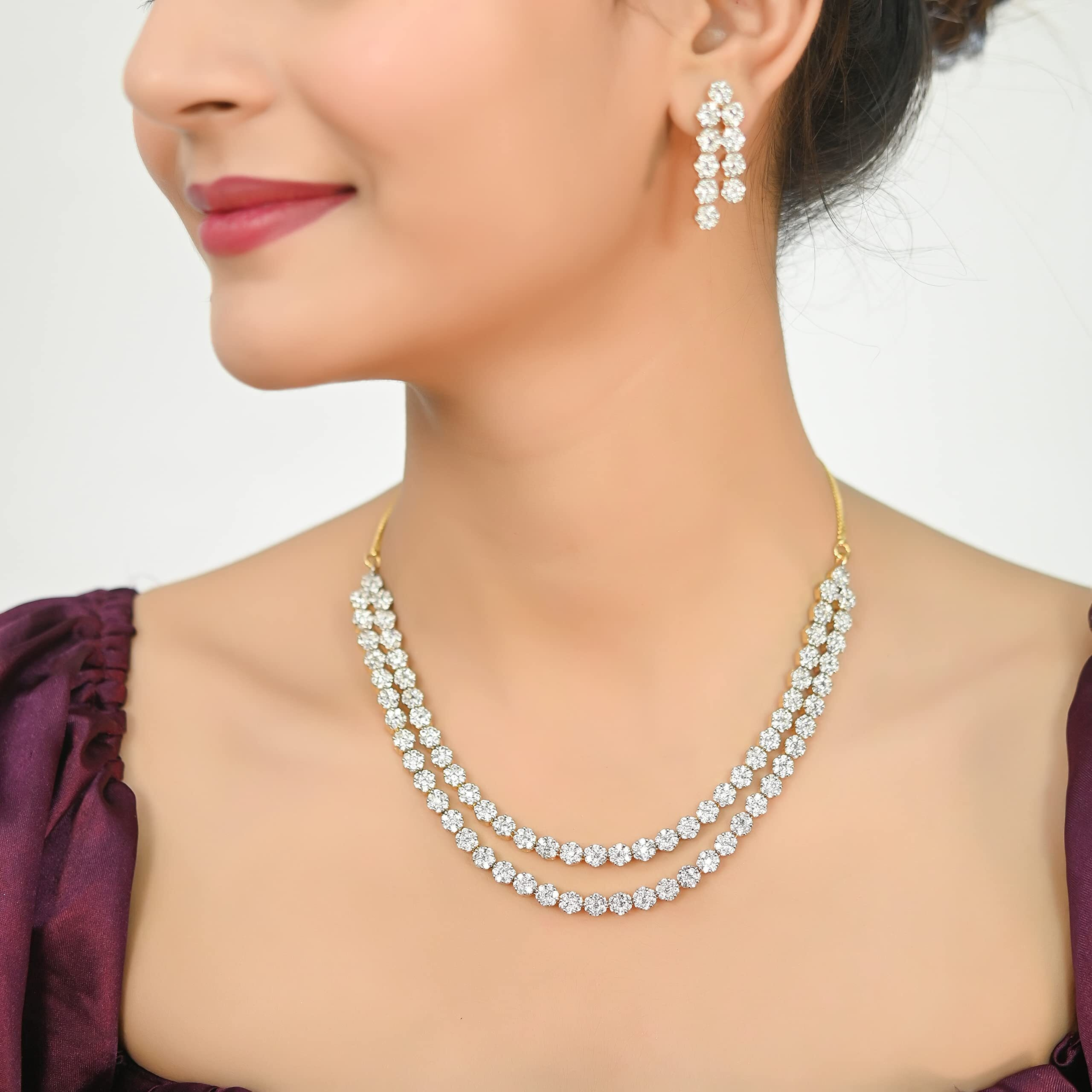 RATNAVALI JEWELS American Diamond CZ Gold Plated Designer Jewellery Set/Necklace Set with Chain & Earring for Girls/Women (RVA102)