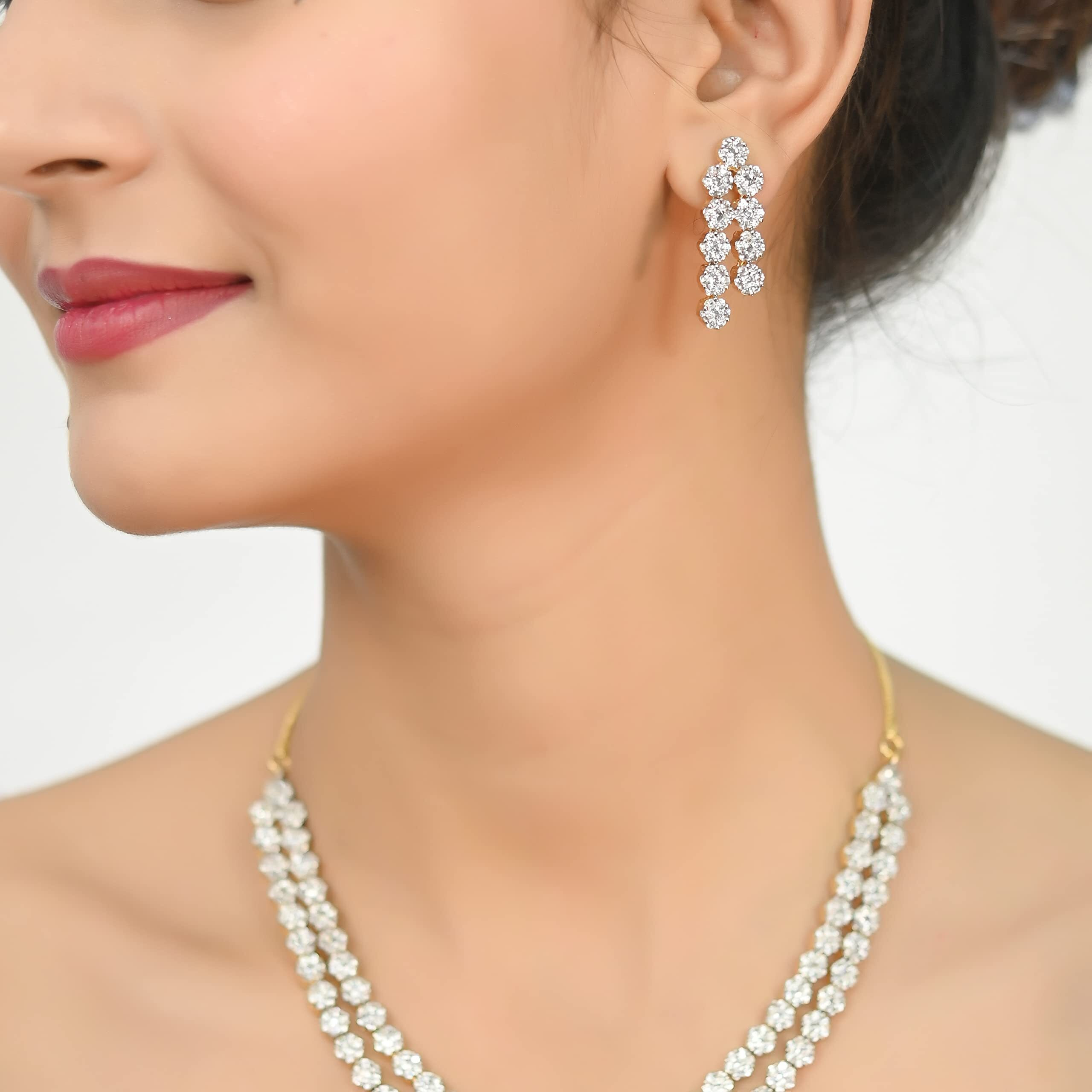 RATNAVALI JEWELS American Diamond CZ Gold Plated Designer Jewellery Set/Necklace Set with Chain & Earring for Girls/Women (RVA102)