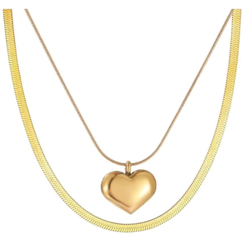 Aeoss Heart Pendant Necklace Neckchain for Women Gold/Rose Gold/Silver | Stainless Steel Anti Tarnish Chain Waterproof Necklace Jewelry (Combo 1 Gold Snake Chain + Heart necklace)
