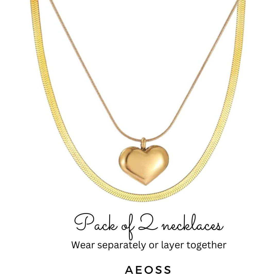 Aeoss Heart Pendant Necklace Neckchain for Women Gold/Rose Gold/Silver | Stainless Steel Anti Tarnish Chain Waterproof Necklace Jewelry (Combo 1 Gold Snake Chain + Heart necklace)