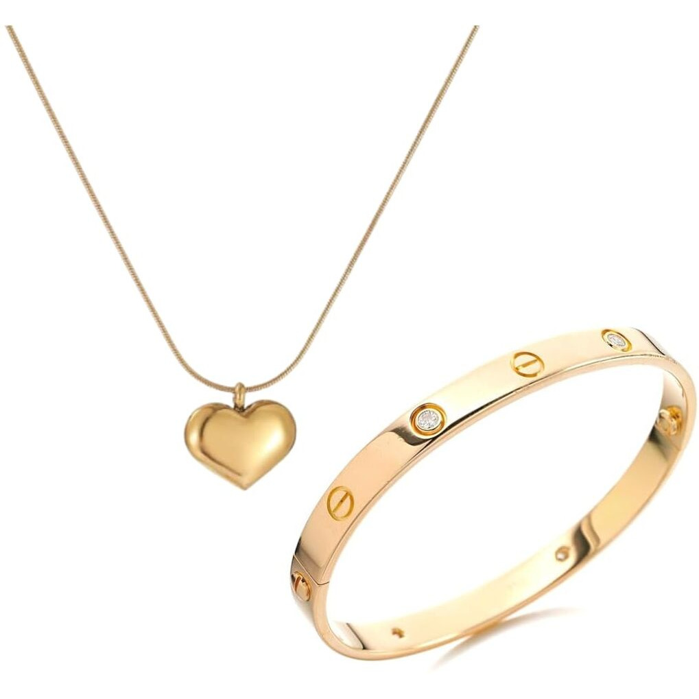 Aeoss Heart Pendant Necklace & Studded Zirconia Bangle Set For Women (Set Of 2)|Stainless Steel Anti Tarnish Chain Necklace Jewelry|Gifts For Women (Combo 2 Heart Necklace + Gold Zircon Bangle)