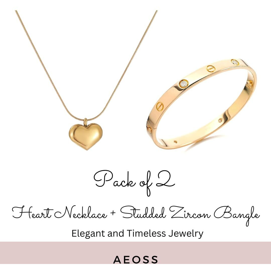 Aeoss Heart Pendant Necklace & Studded Zirconia Bangle Set For Women (Set Of 2)|Stainless Steel Anti Tarnish Chain Necklace Jewelry|Gifts For Women (Combo 2 Heart Necklace + Gold Zircon Bangle)