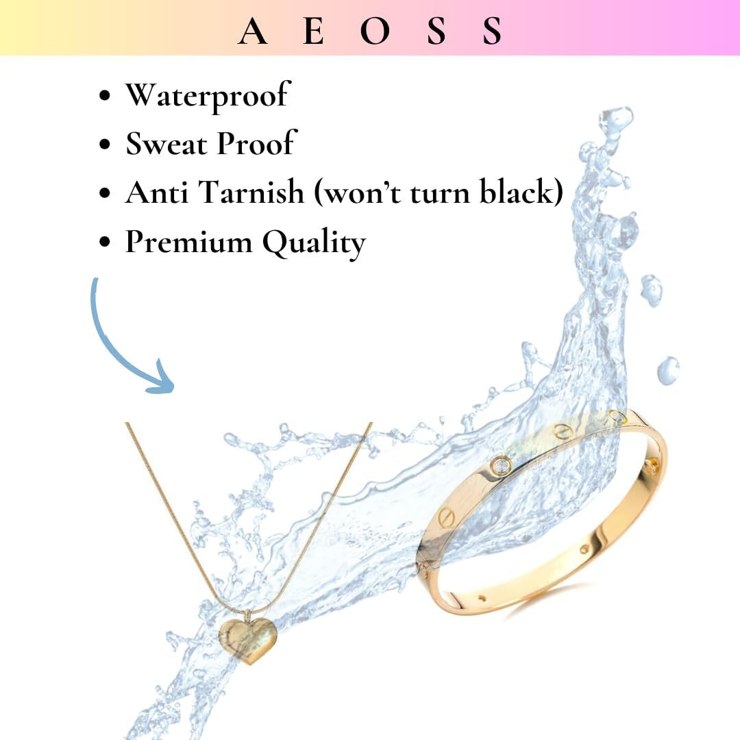 Aeoss Heart Pendant Necklace & Studded Zirconia Bangle Set For Women (Set Of 2)|Stainless Steel Anti Tarnish Chain Necklace Jewelry|Gifts For Women (Combo 2 Heart Necklace + Gold Zircon Bangle)