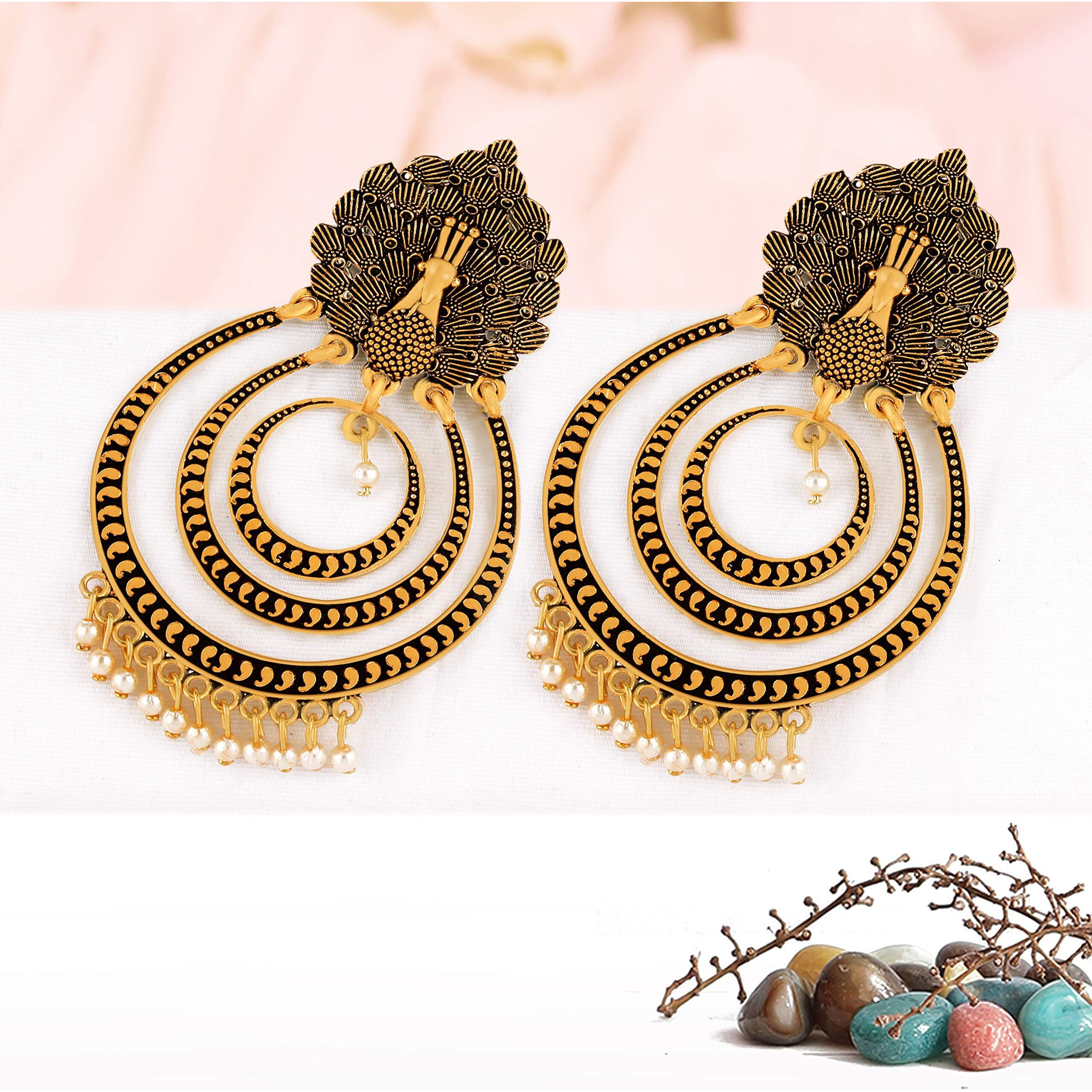 Fashion Frill Mesmerizing Floral Golden Pink Jhumkas Pearl Studded Earrings For Women/Girls (Gold 1)