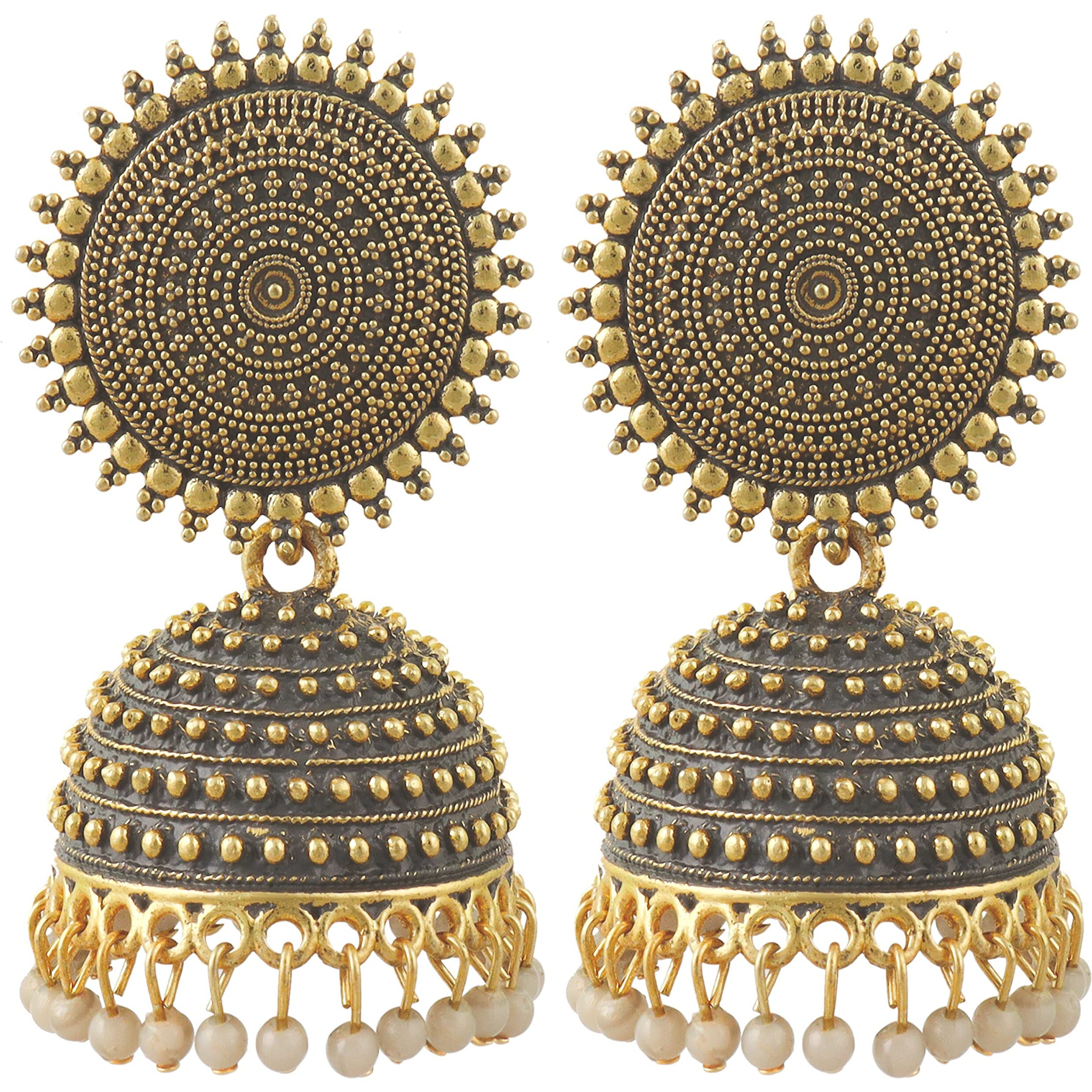 Fashion Frill Mesmerizing Traditional Gold Plated Floral Golden Pink Jhumkas Pearl Studded Earrings For Women Girls (Gold)