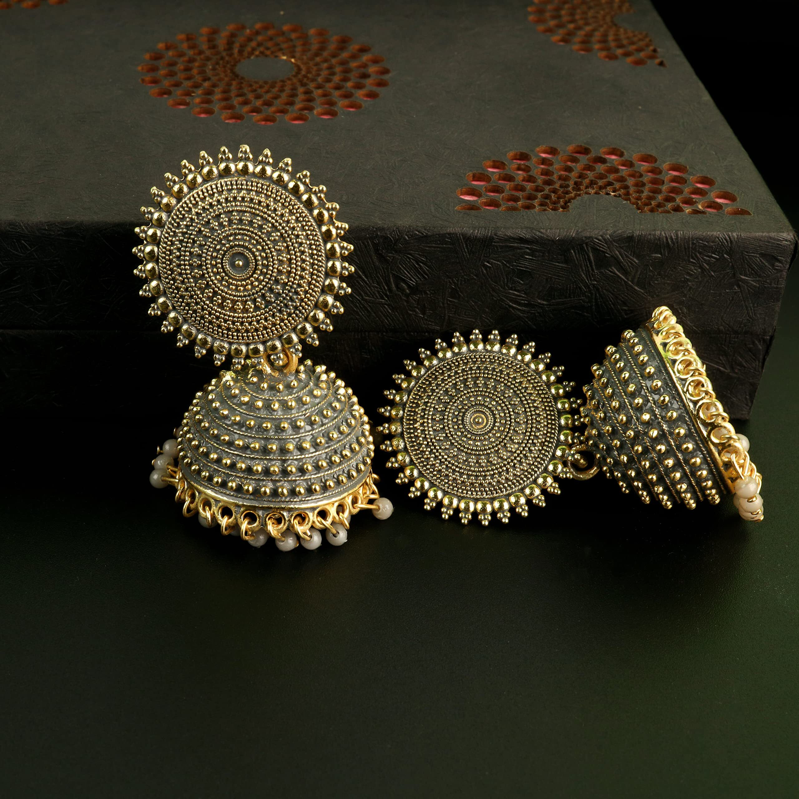 Fashion Frill Mesmerizing Traditional Gold Plated Floral Golden Pink Jhumkas Pearl Studded Earrings For Women Girls (Gold)