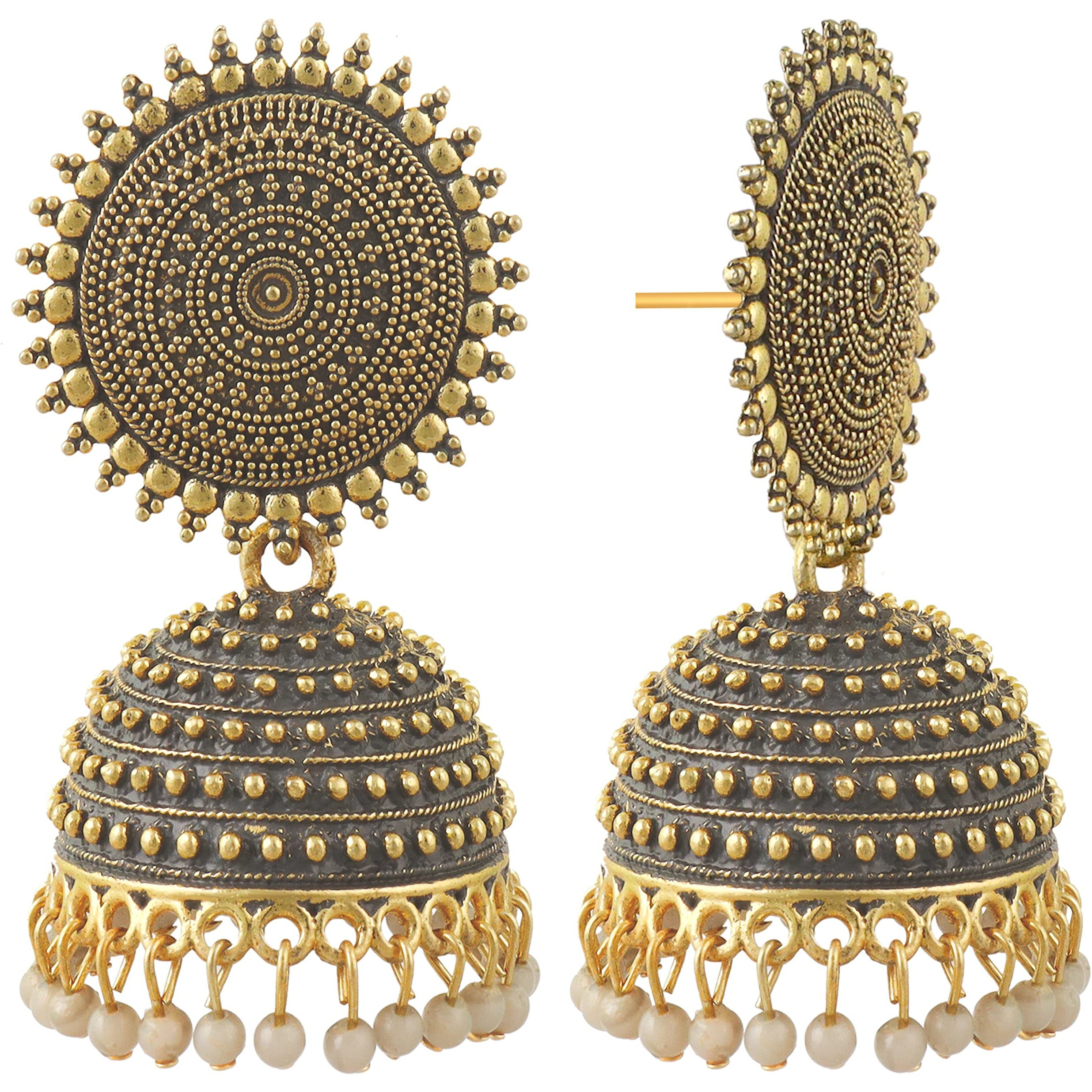 Fashion Frill Mesmerizing Traditional Gold Plated Floral Golden Pink Jhumkas Pearl Studded Earrings For Women Girls (Gold)