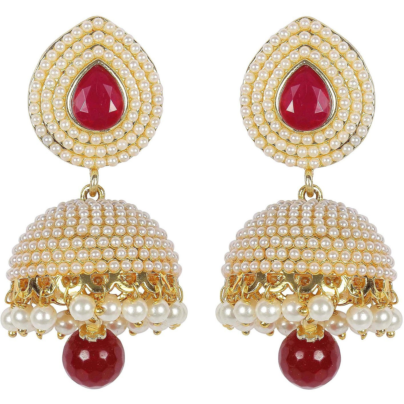 Shining Diva Gold Plated Traditional Pearl Jhumki Earrings for Women (Red) (8294er)