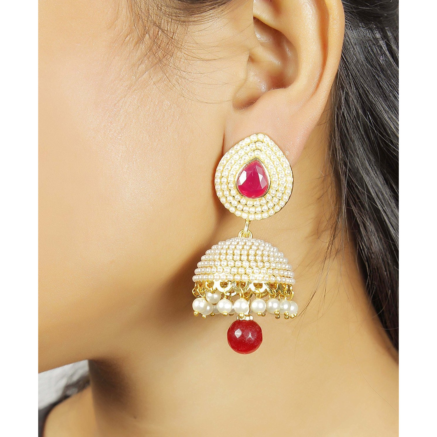 Shining Diva Gold Plated Traditional Pearl Jhumki Earrings for Women (Red) (8294er)