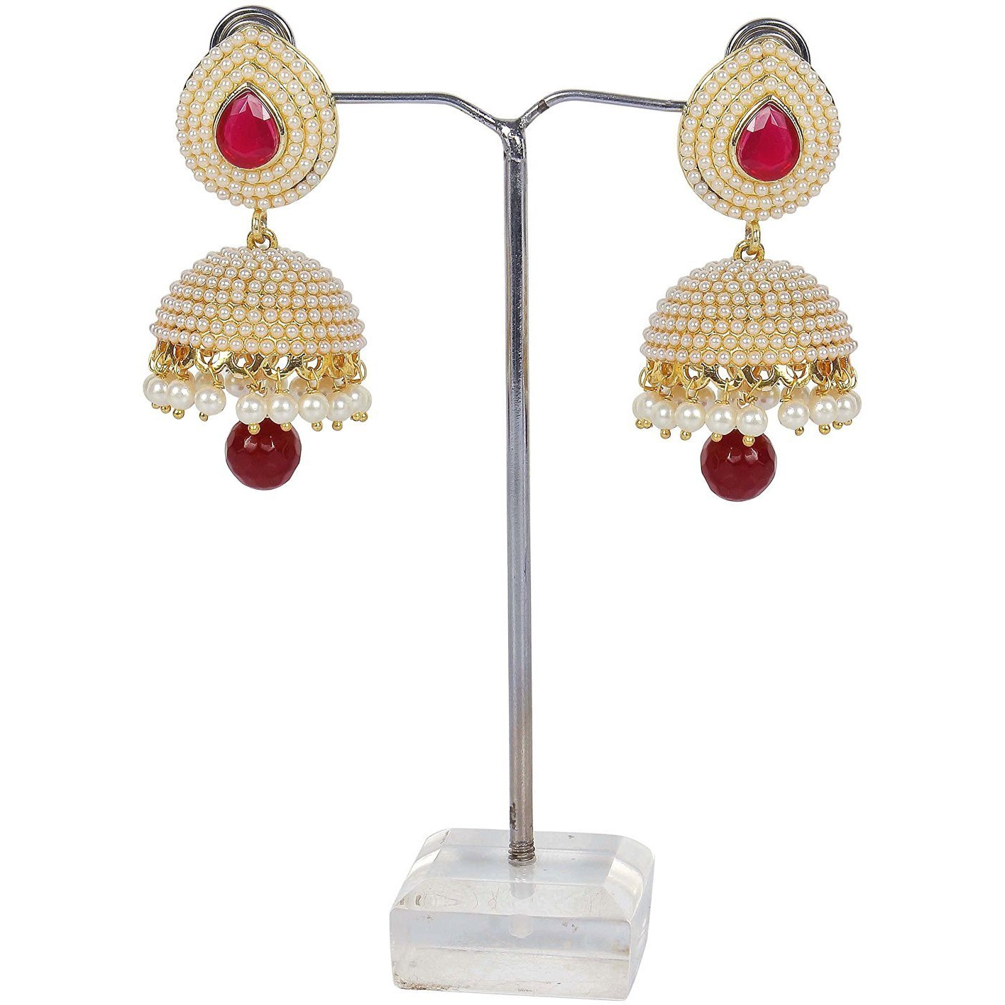 Shining Diva Gold Plated Traditional Pearl Jhumki Earrings for Women (Red) (8294er)