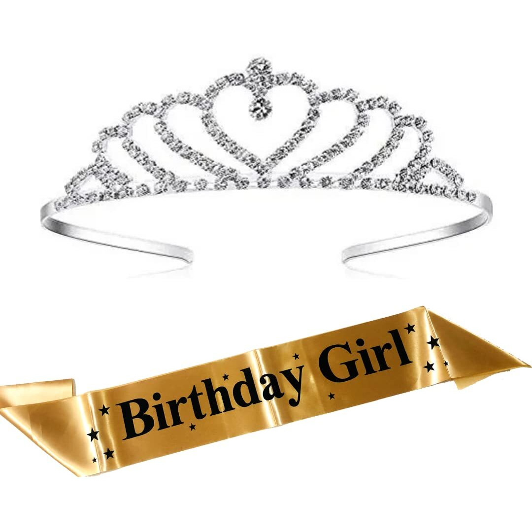 Curated Cart Birthday Girl Sash And Heart Crown For Happy Birthday, Girls Birthday Items Combo Kit (Gold)