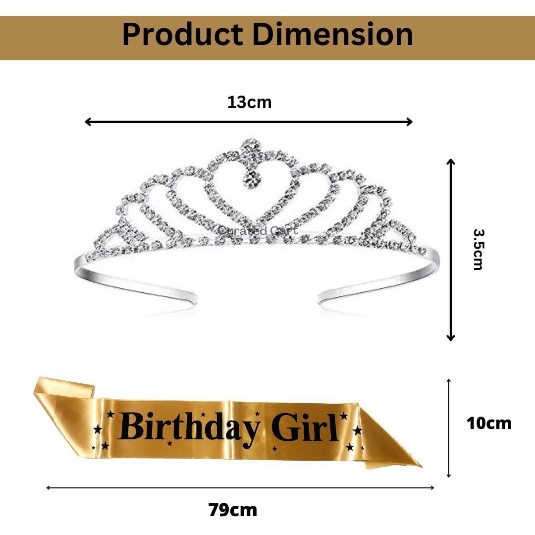 Curated Cart Birthday Girl Sash And Heart Crown For Happy Birthday, Girls Birthday Items Combo Kit (Gold)