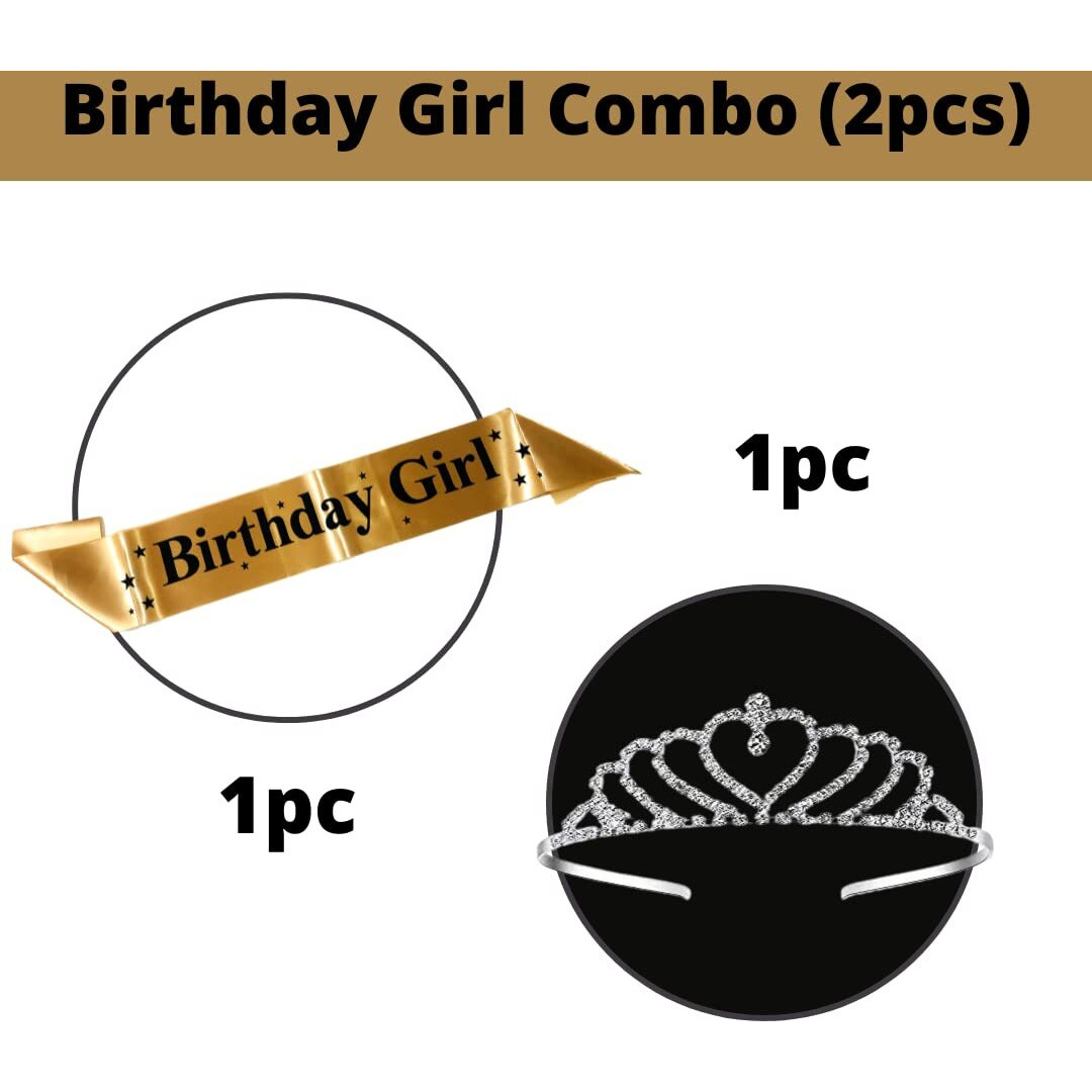 Curated Cart Birthday Girl Sash And Heart Crown For Happy Birthday, Girls Birthday Items Combo Kit (Gold)