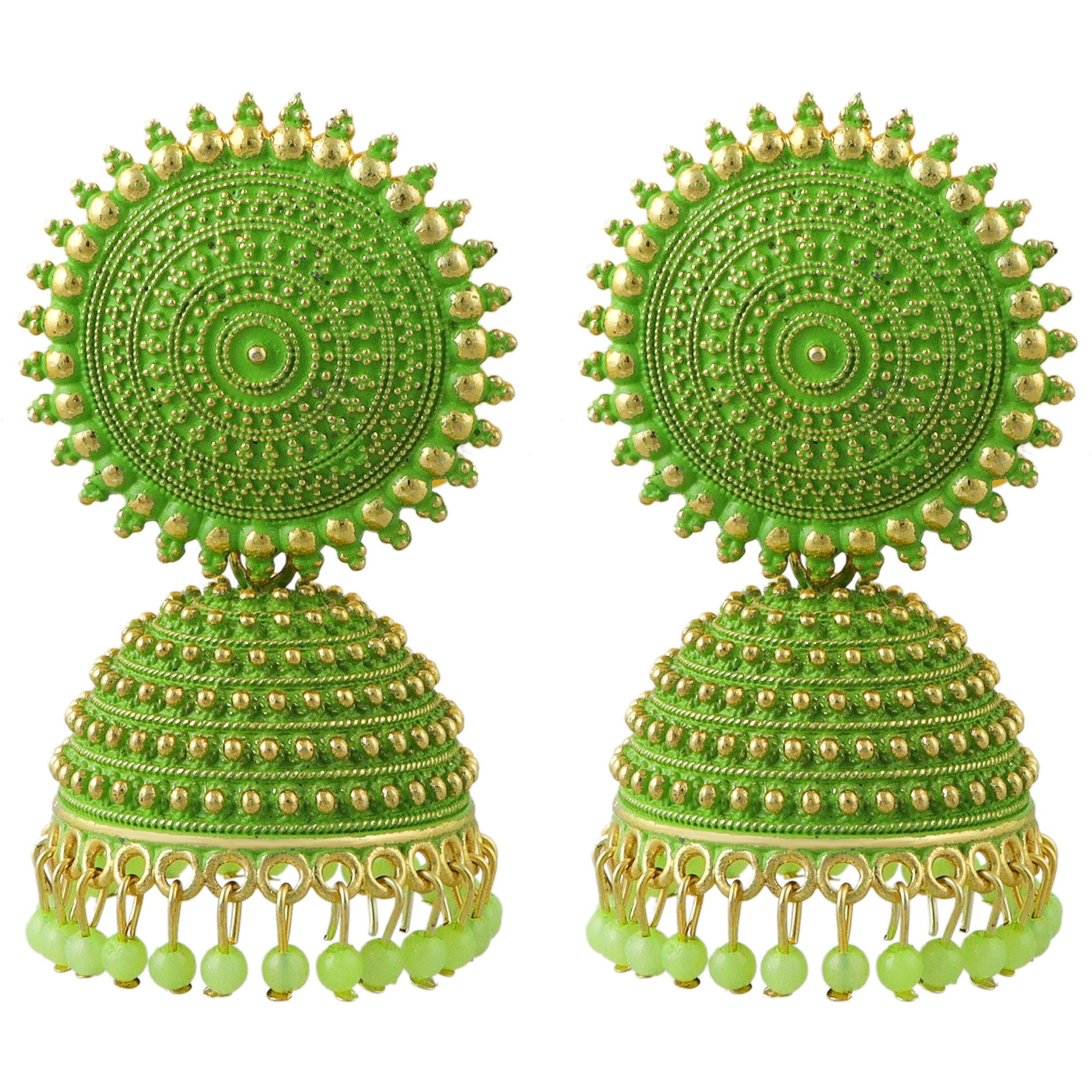 Fashion Frill Mesmerizing Floral Golden Pink Jhumkas Pearl Studded Earrings For Girls Women Stylish Latest Fancy Earrings(Green)