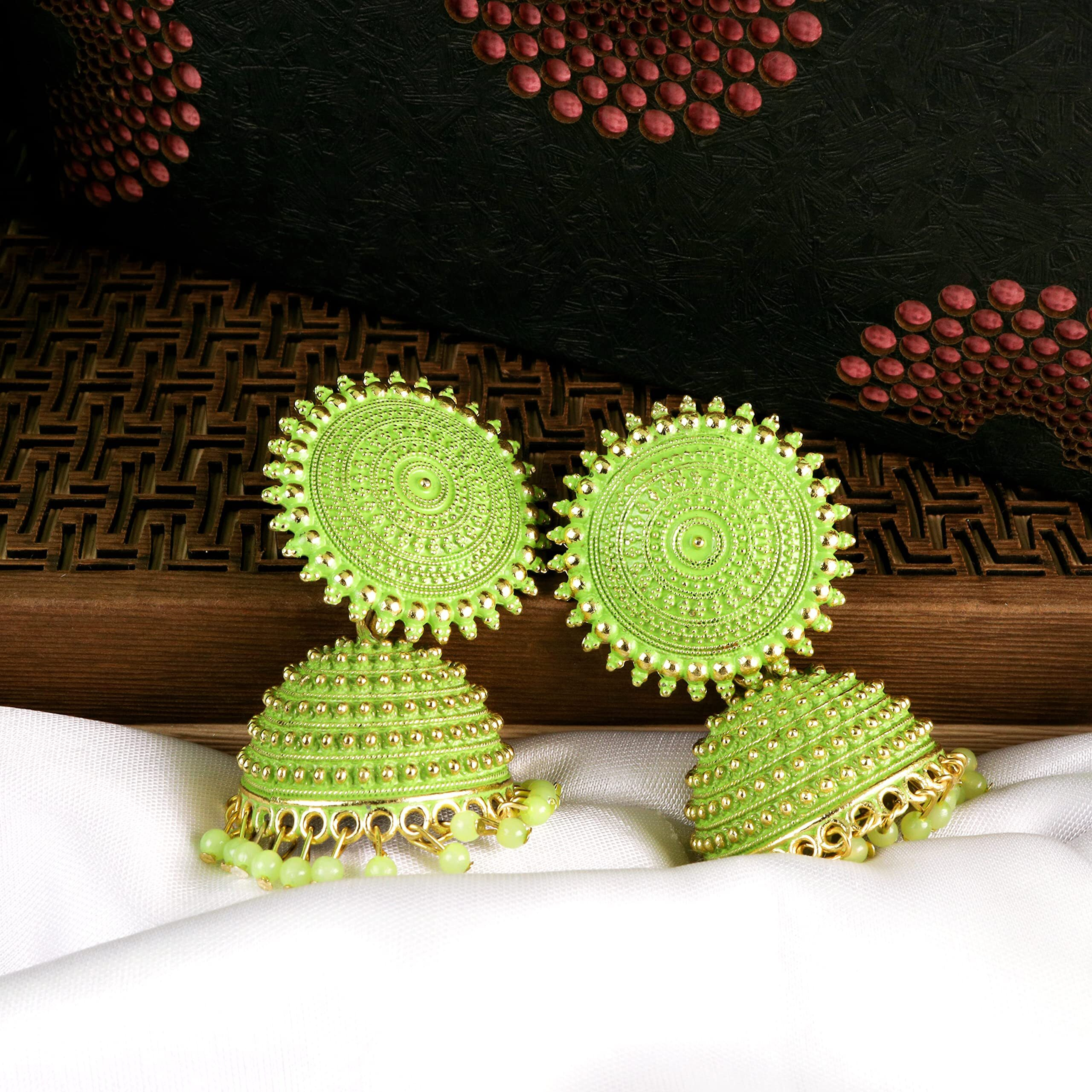 Fashion Frill Mesmerizing Floral Golden Pink Jhumkas Pearl Studded Earrings For Girls Women Stylish Latest Fancy Earrings(Green)