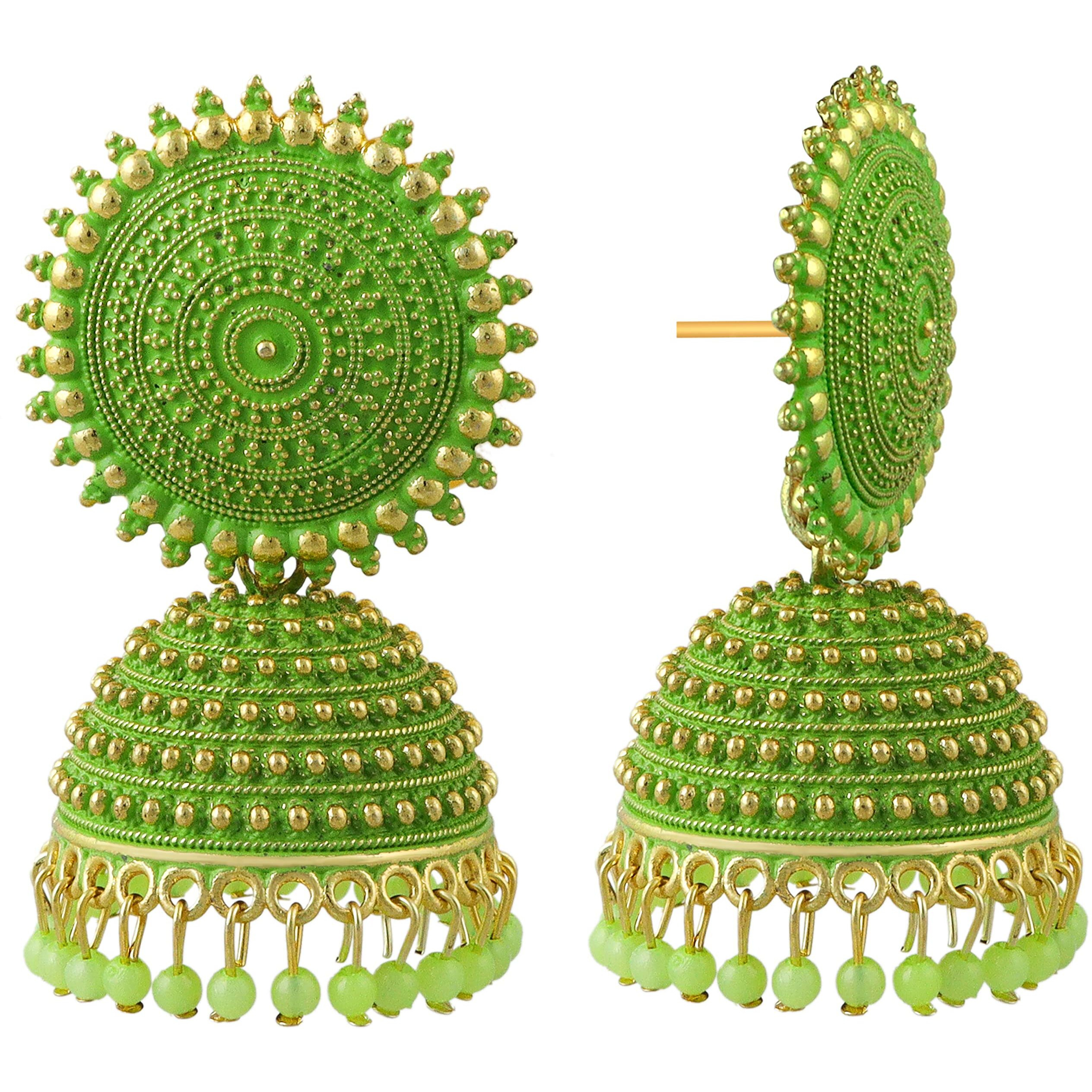 Fashion Frill Mesmerizing Floral Golden Pink Jhumkas Pearl Studded Earrings For Girls Women Stylish Latest Fancy Earrings(Green)