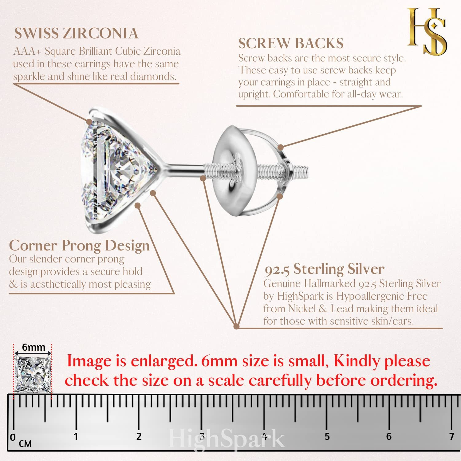 HIGHSPARK 925 Silver Solitaire Screwback Stud Earrings | 92.5 Sterling Silver & Square Princess Cut Brilliant Zirconia Tops for Men, Women, Boys and Girls | Silver 6mm